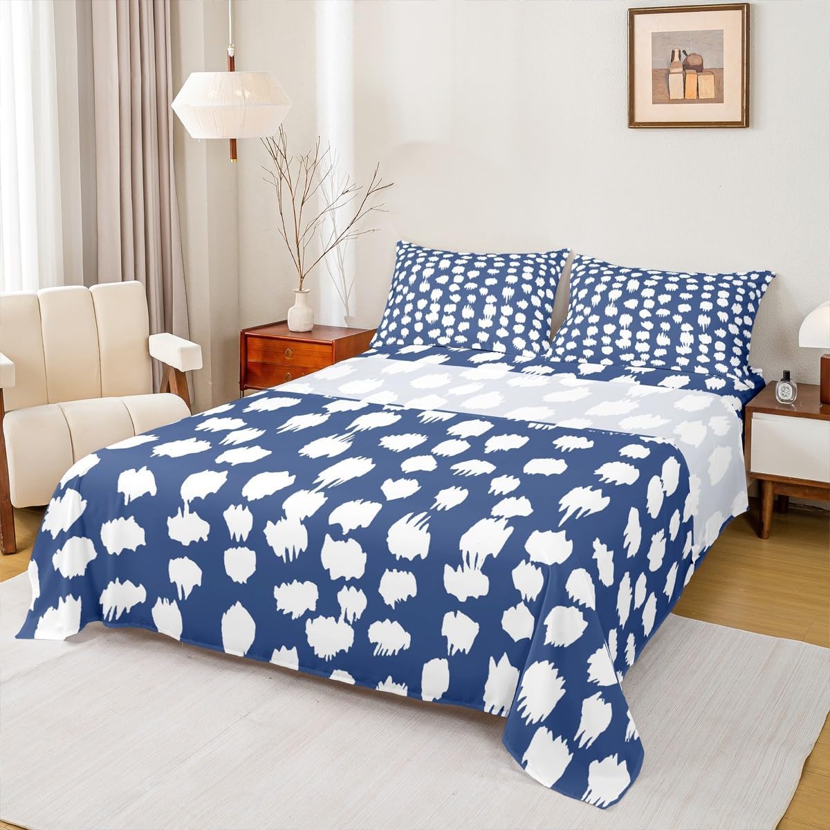 Erosebridal Navy Blue White Polka Dots King Sheet Set