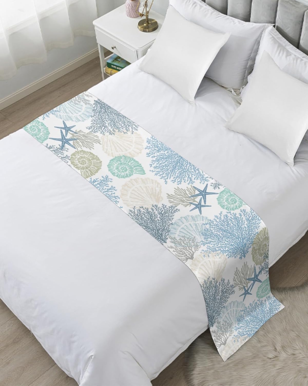 Blue Teal Coral Bed Runner Queen Size