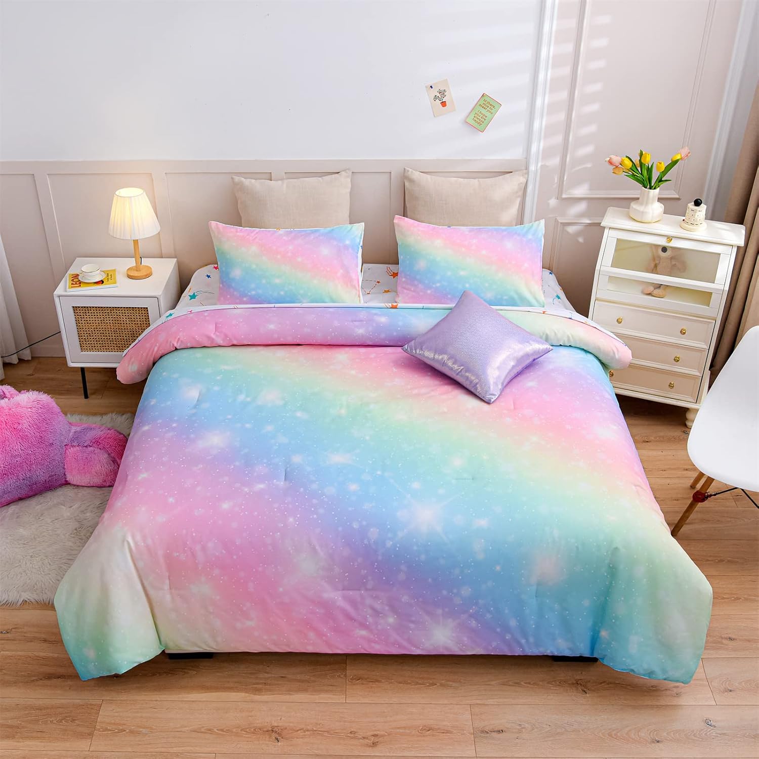 A Nice Night 6Pcs Gradient Glitter Comforter Set for Girls