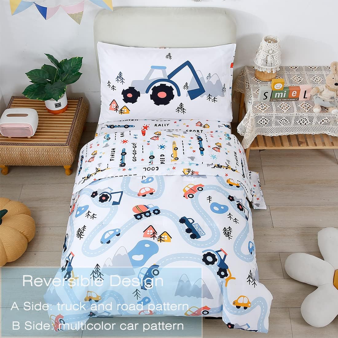 PERFEMET Car Toddler Bedding 4 Piece Set for Boys and Girls