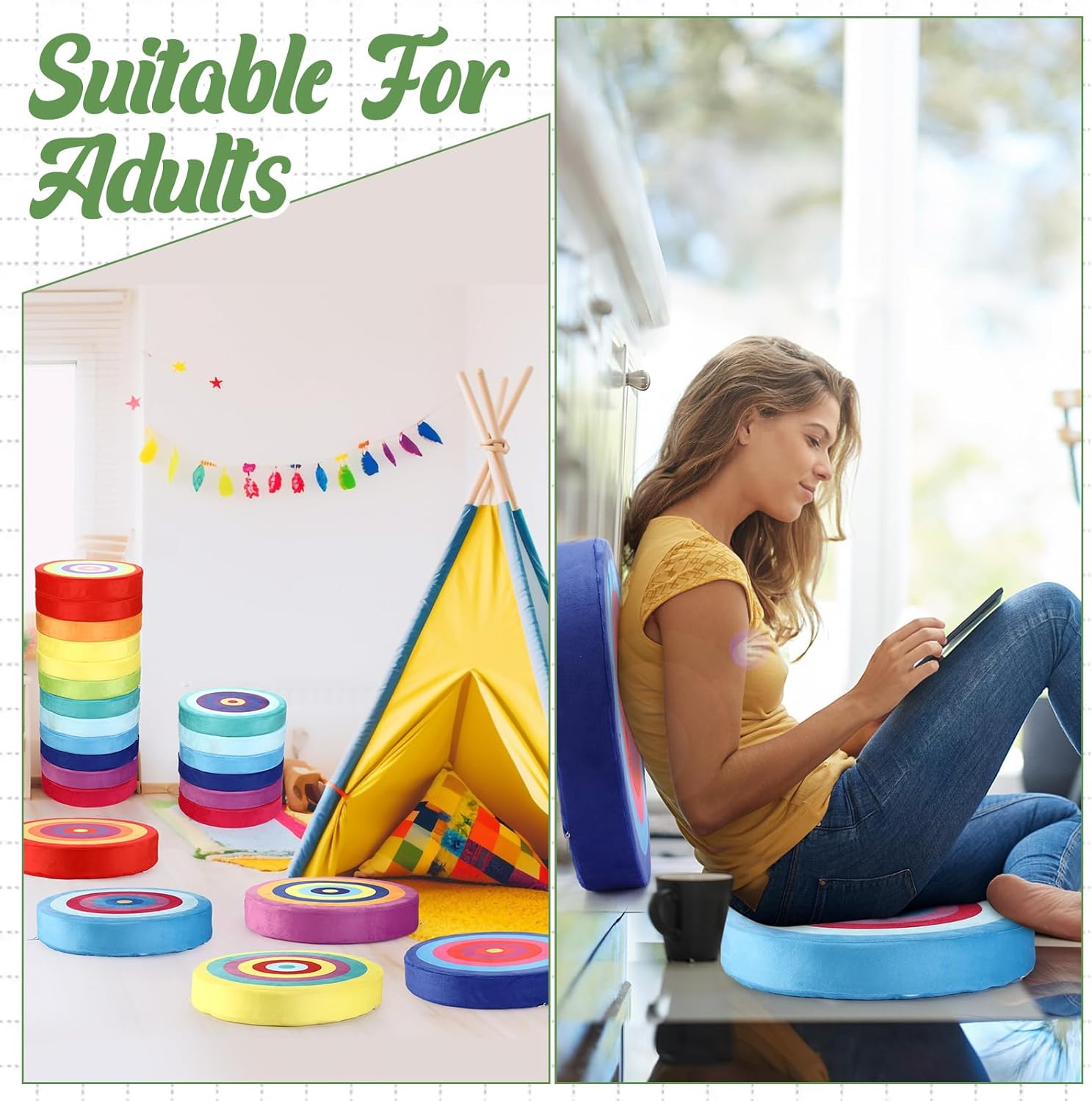 12 Pcs Rainbow Round Floor Cushions for Kids Classroom