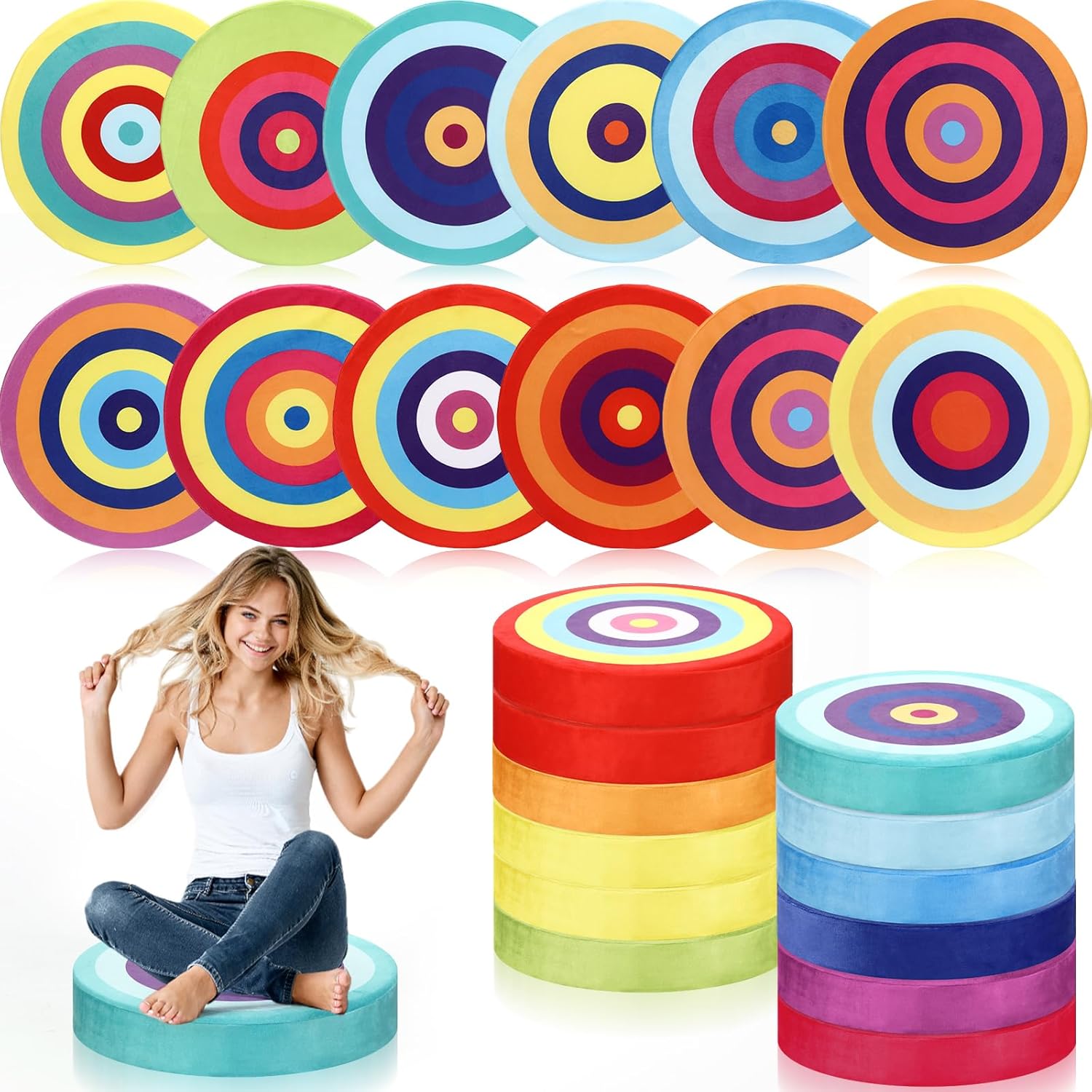 12 Pcs Rainbow Round Floor Cushions for Kids Classroom