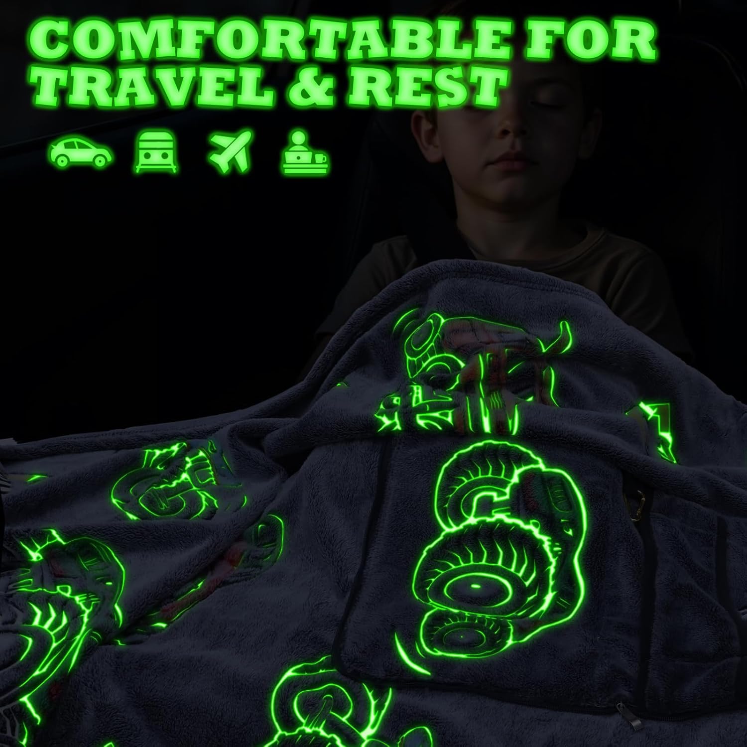 HWING Glow in the Dark Truck Travel Blanket Pillow