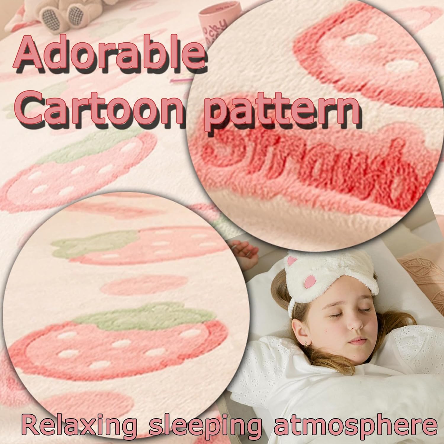 MorroMorn Fleece Queen Fitted Sheet - Pink Strawberry Kawaii 20 Deep Pocket