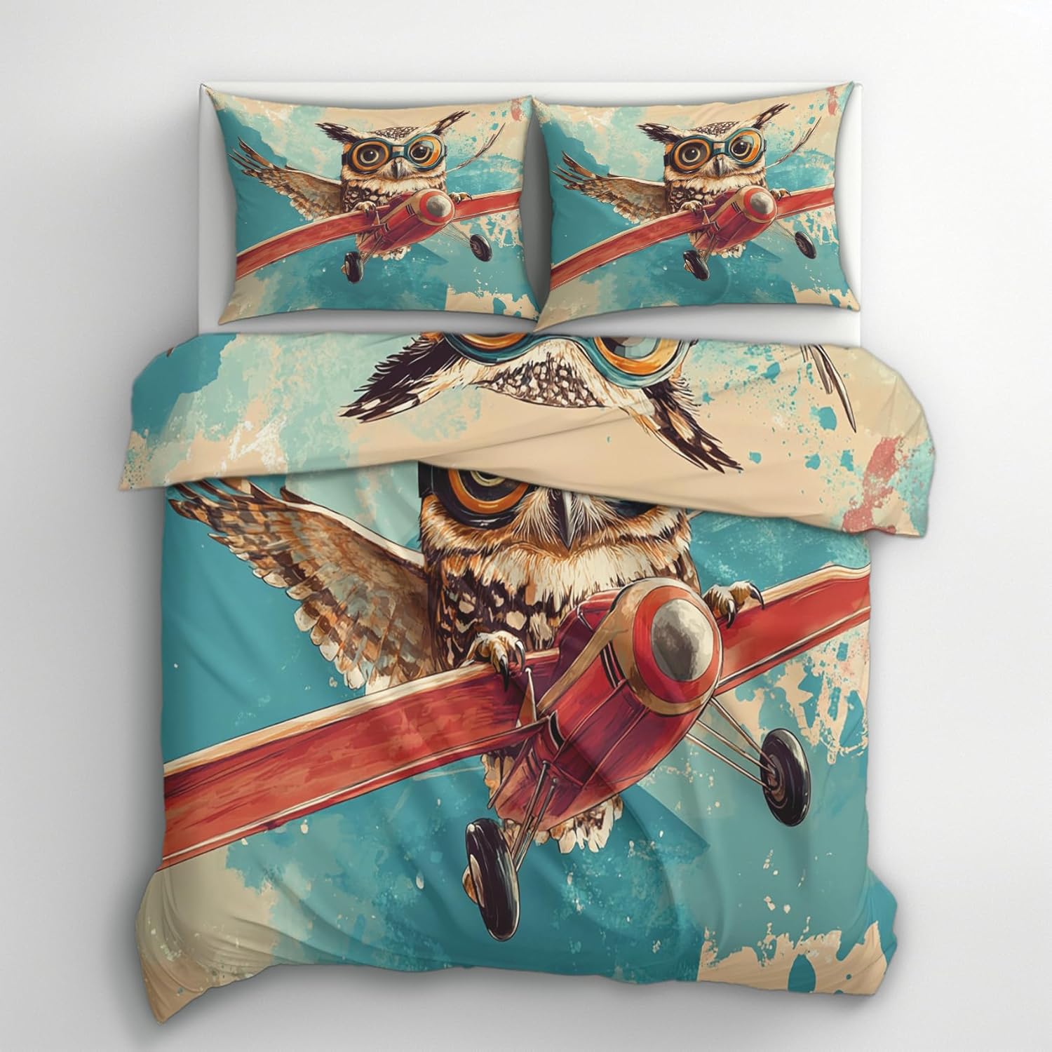 Twin Duvet Cover Owl - Airplane Cartoon Kids Pattern Bedding Set 3 Piece