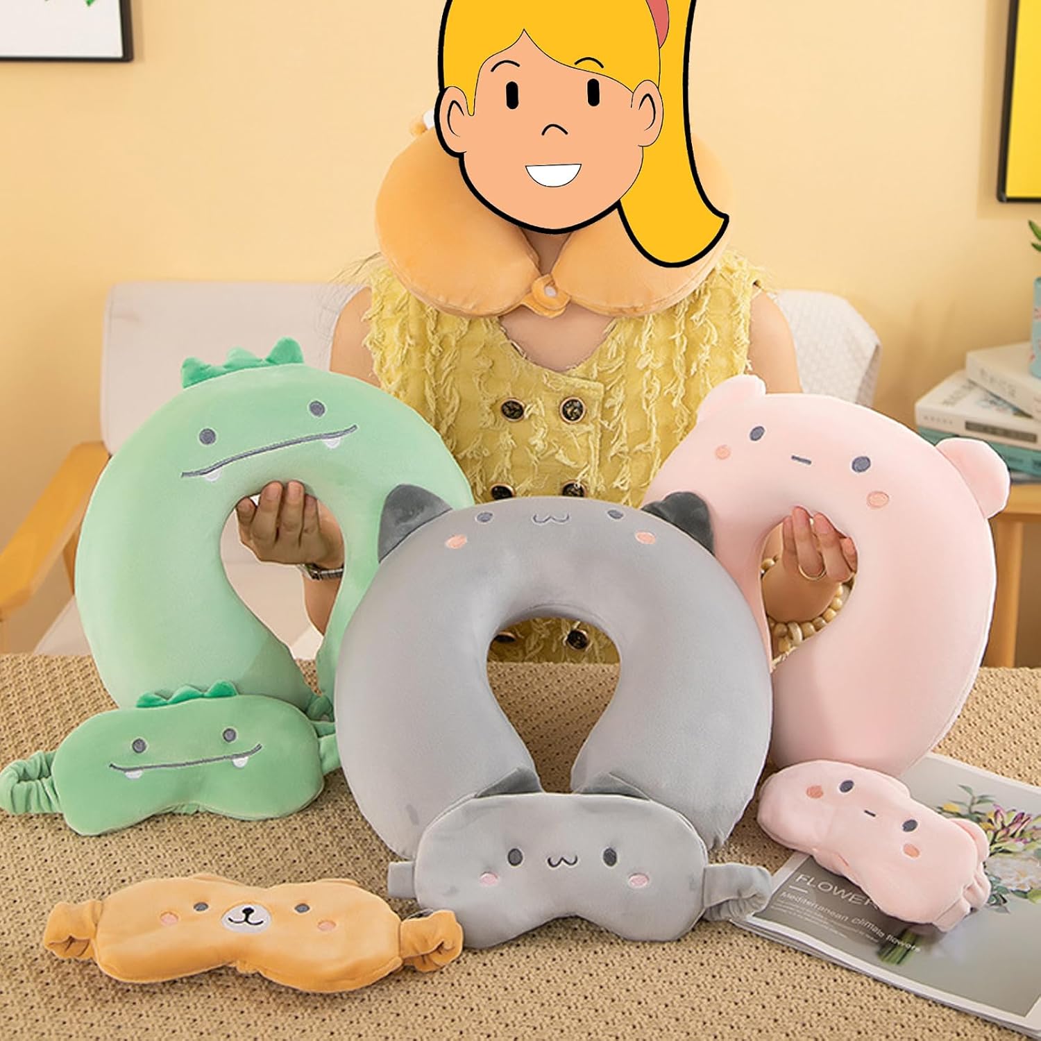 Kids Travel Neck Pillow with Sleep Mask - Grey Cat Design