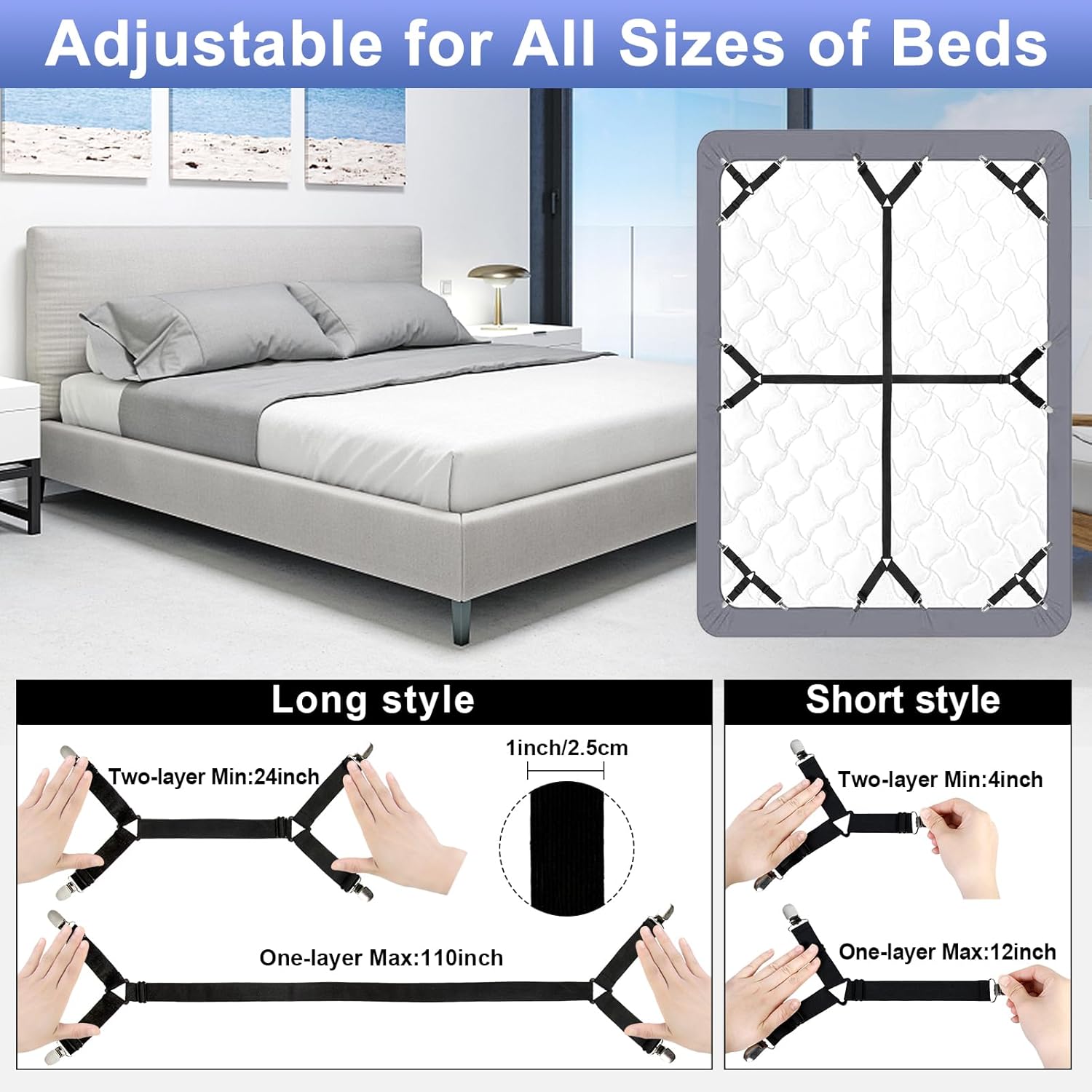Attmu Bed Sheet Straps 6-Pack Black Adjustable Clips