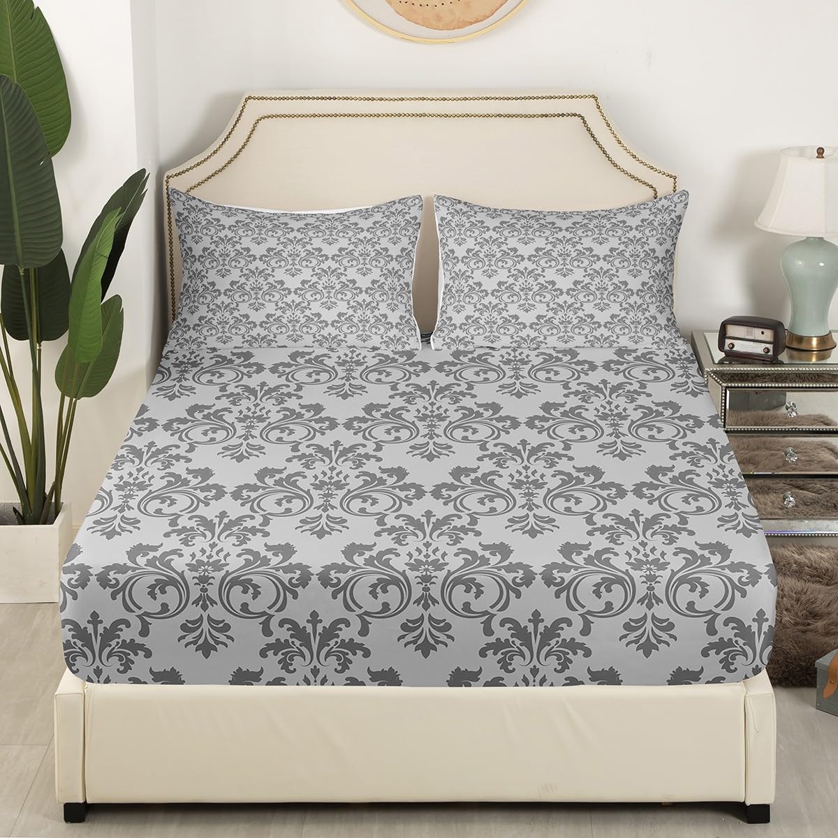 Erosebridal Damask Sheet Set Twin Size Light Grey