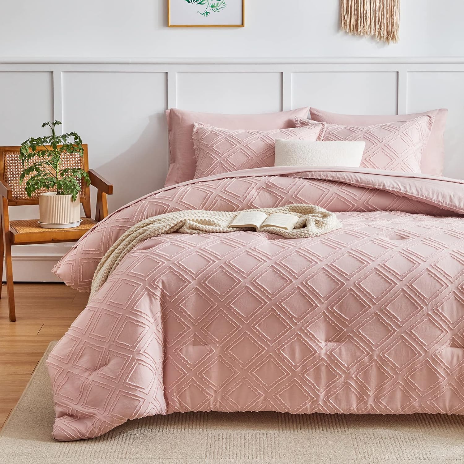 Flysheep 6-Piece Tufted Bed-in-a-Bag Comforter Set Blush Pink