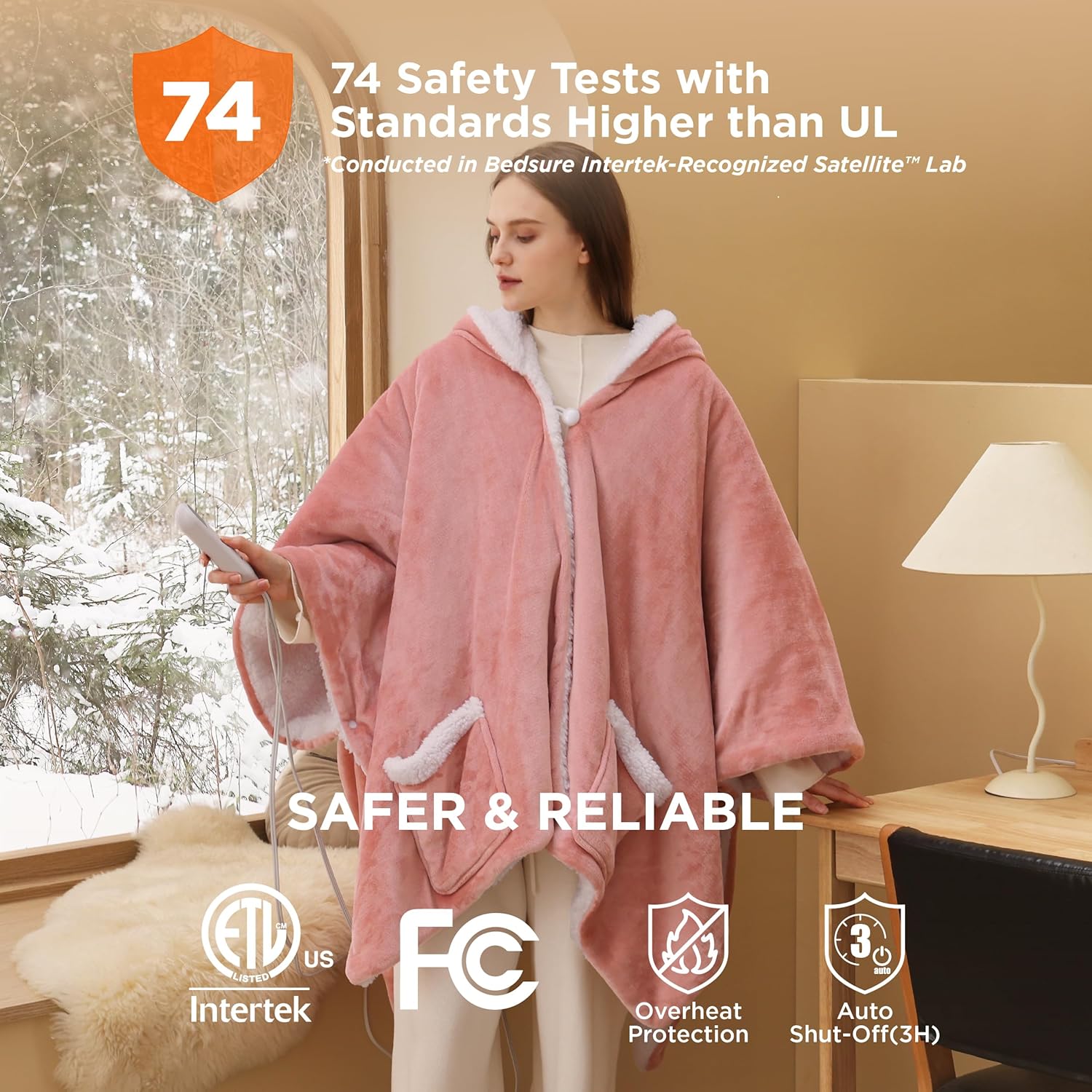 Bedsure Heated Shawl Hoodie - Pink 55x64 Inches