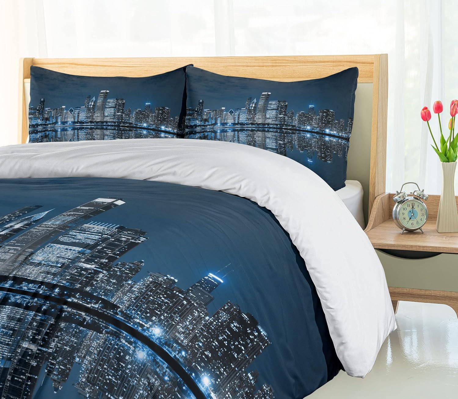 Ambesonne Chicago Skyline Duvet Cover Set King Size Dark Blue