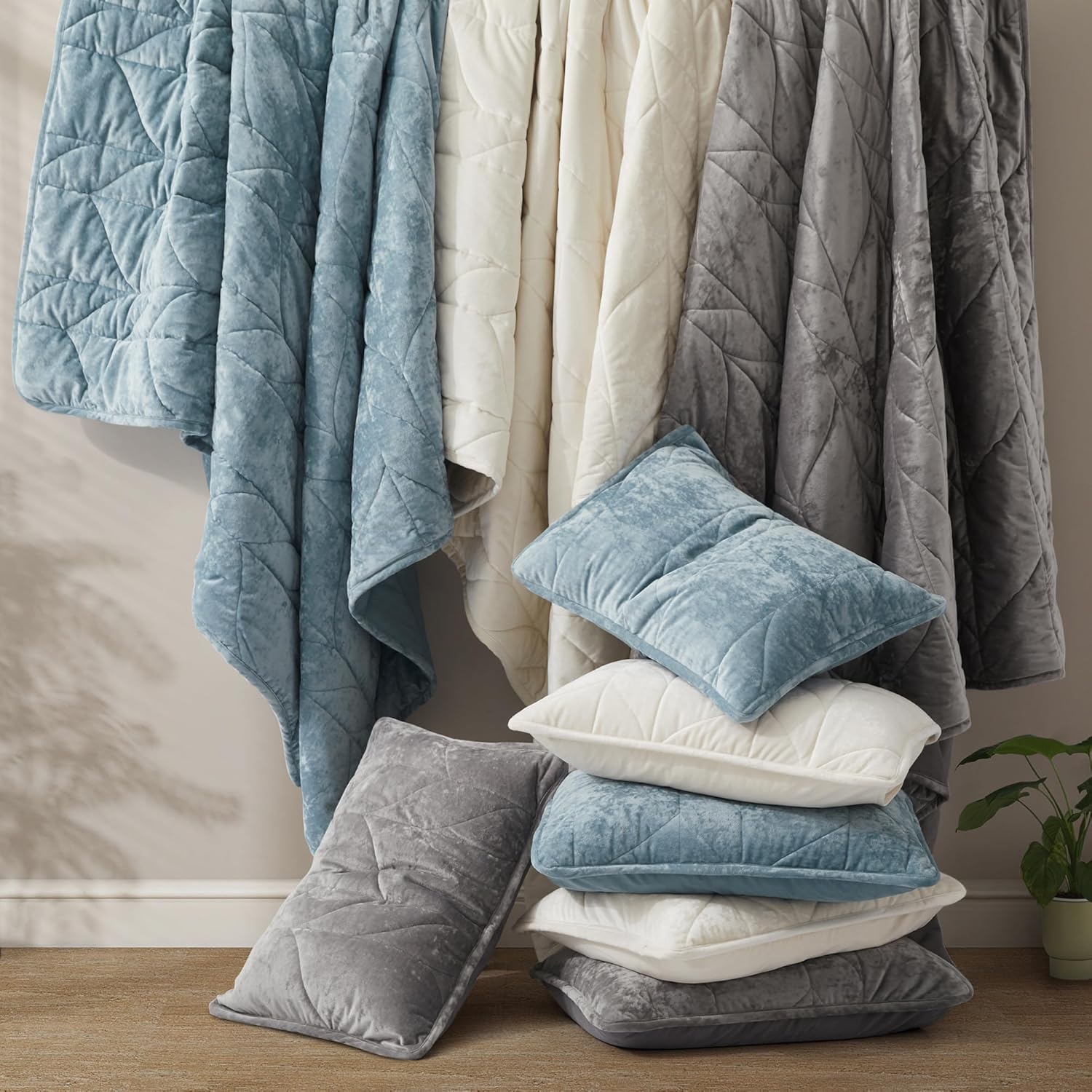 Oli Anderson Velvet Quilt Set Queen Size - Ash Blue 3PCS