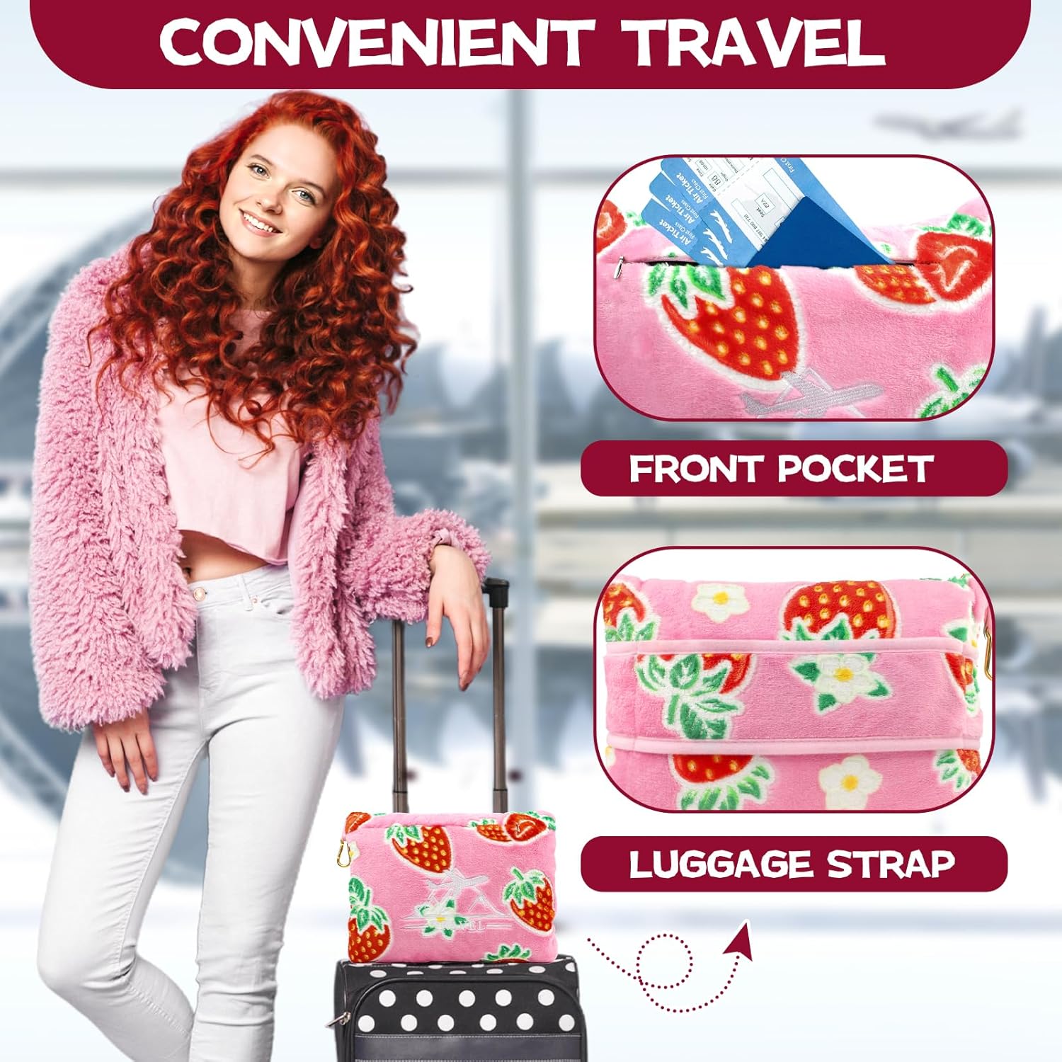 Glow in The Dark Strawberry Travel Blanket and Pillow Set