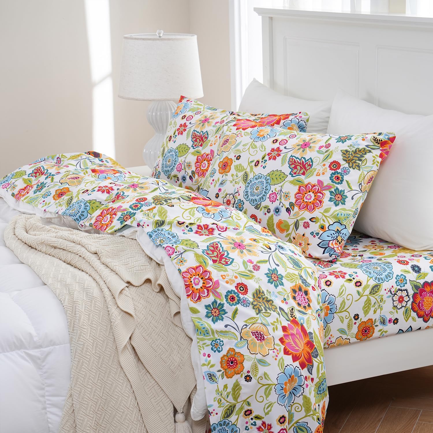 MEISHANG Queen Sheet Set - Floral Deep Pocket Ultra Soft Microfiber