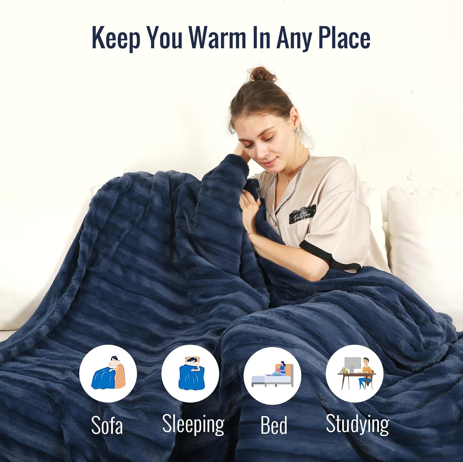 YAKEE Electric Heated Blanket 72x84 Navy Faux Fur 1