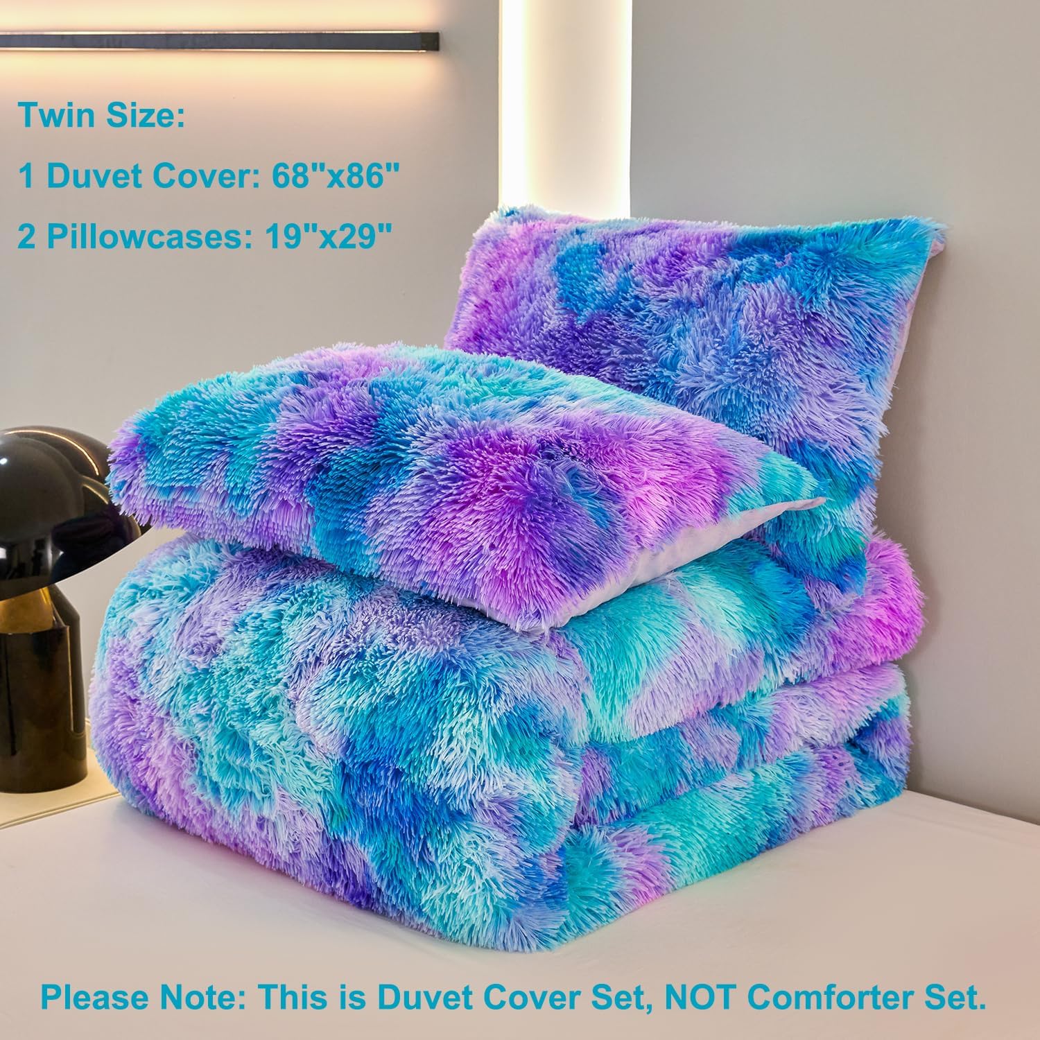 SUCSES Fluffy Twin Bedding Set 3Pcs Tie Dye Faux Fur Duvet Cover