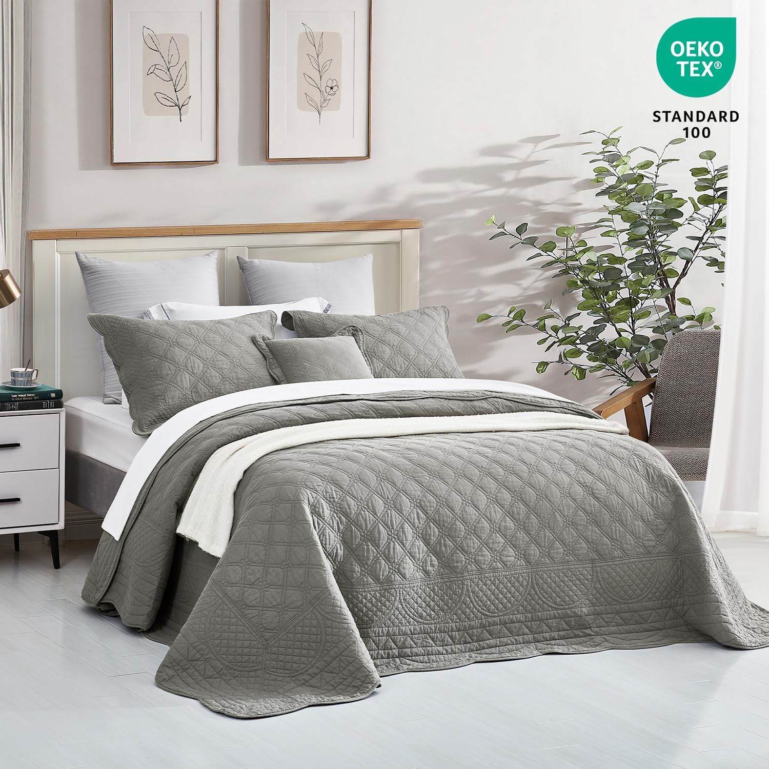 CHIXIN Oversized Cotton Bedspread - 3 Piece Set Grey King Size