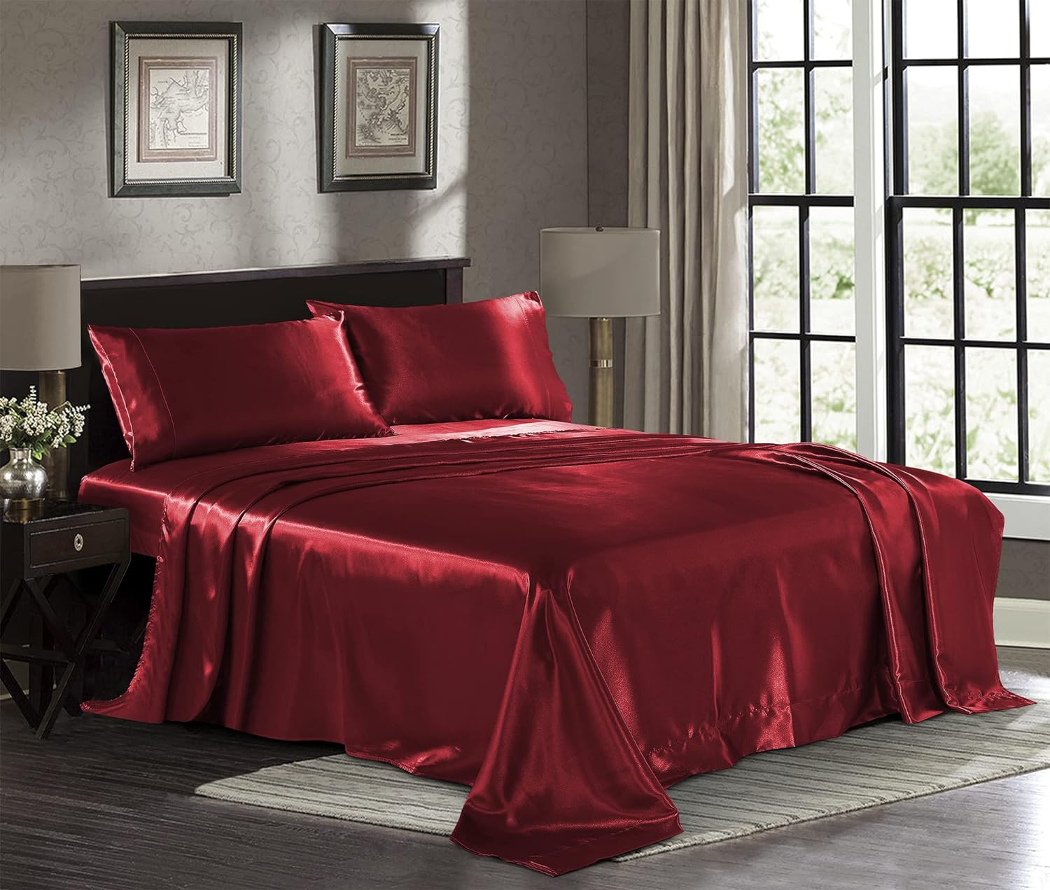 Pure Bedding Satin Sheets Queen 4-Piece Burgundy