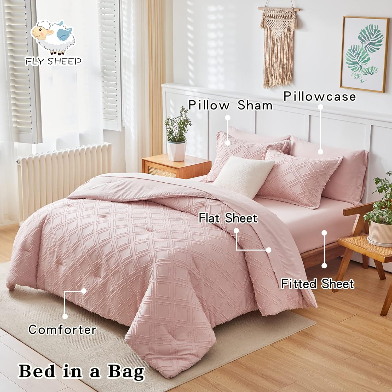 Flysheep 6-Piece Tufted Bed-in-a-Bag Comforter Set Blush Pink
