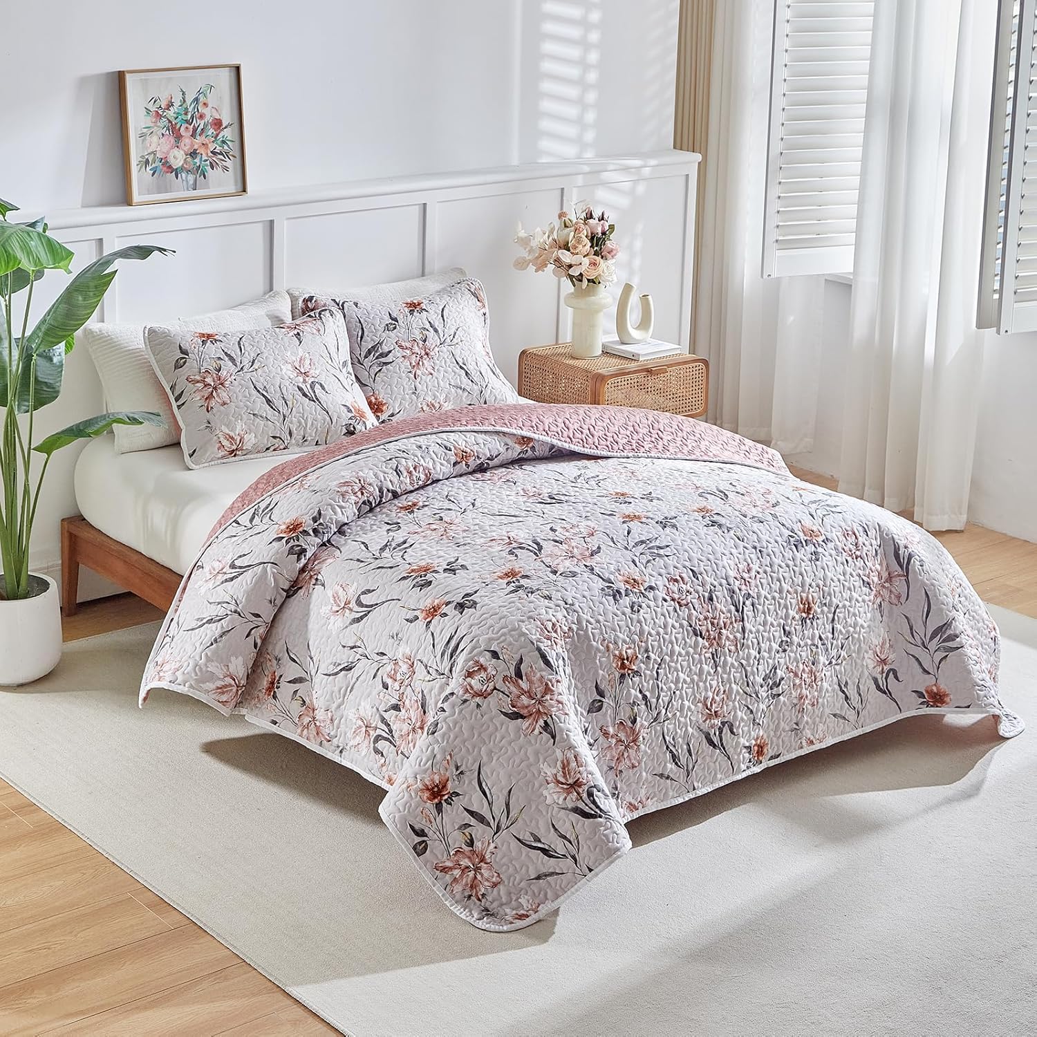 Shxime Floral Quilt Set 3 Pieces Queen Size