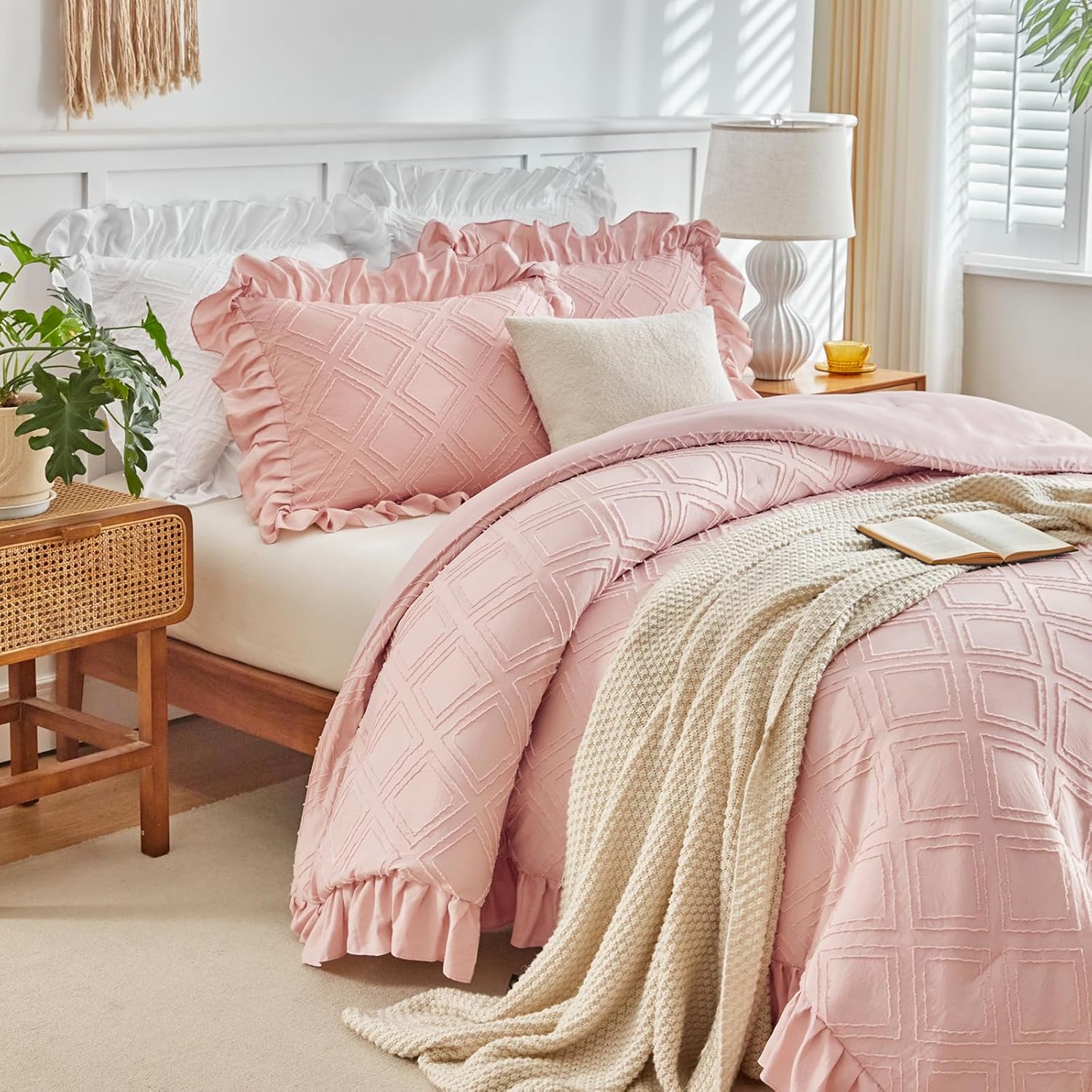 Flysheep Blush Pink Tufted Ruffle Comforter Set Twin Size