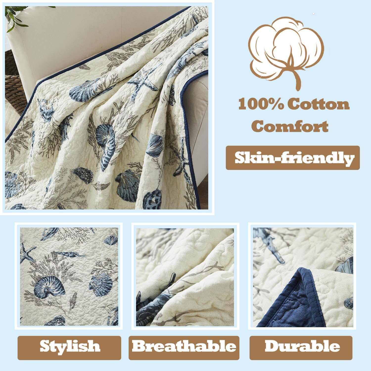 Brandream Queen Size Blue Ocean Quilt Set 3-Piece