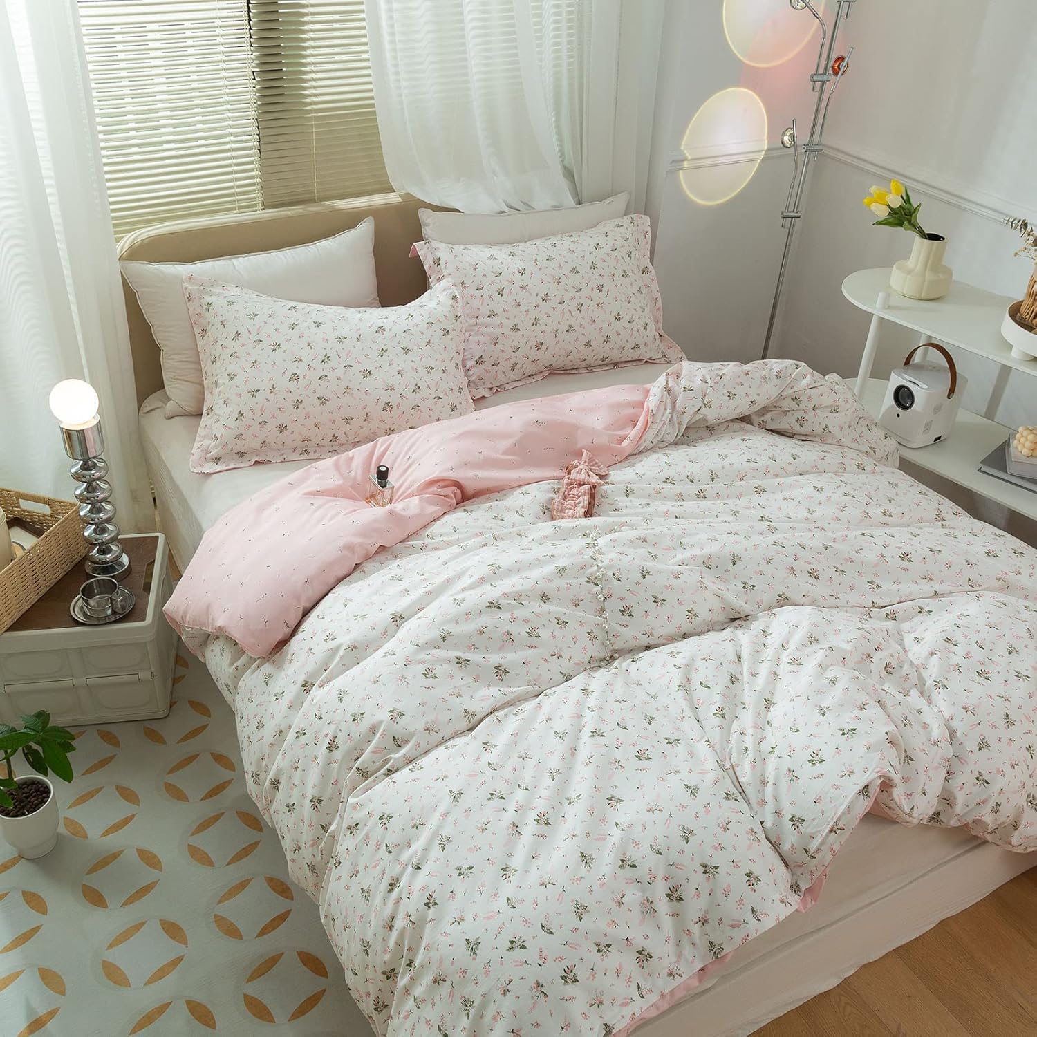 AMWAN Pink Floral Duvet Cover Twin XL Cotton Garden Bedding Set