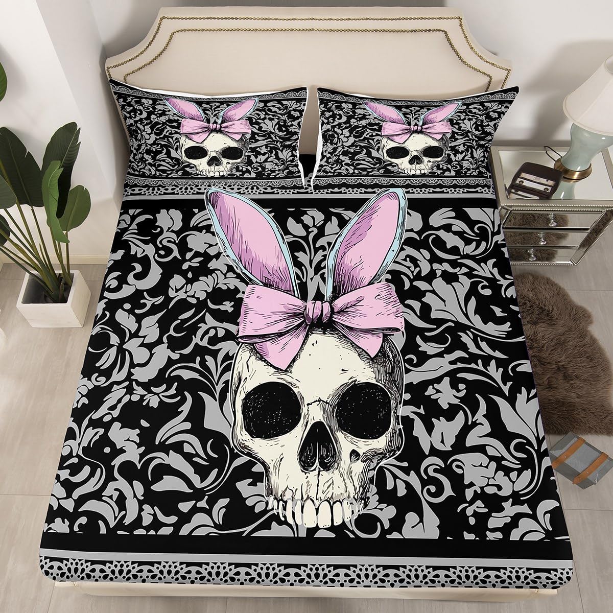 Homewish Black Grey Damask Bedding Set Twin Size 3Pcs