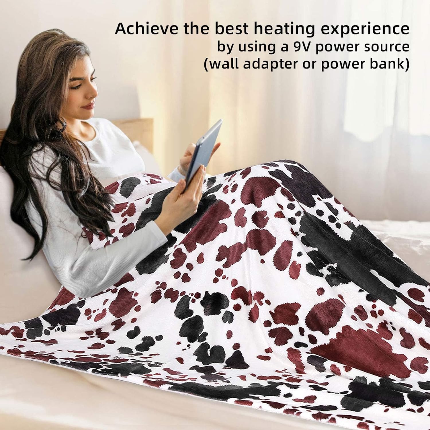 USB Cow Print Heated Throw Blanket with 3 Heat Levels