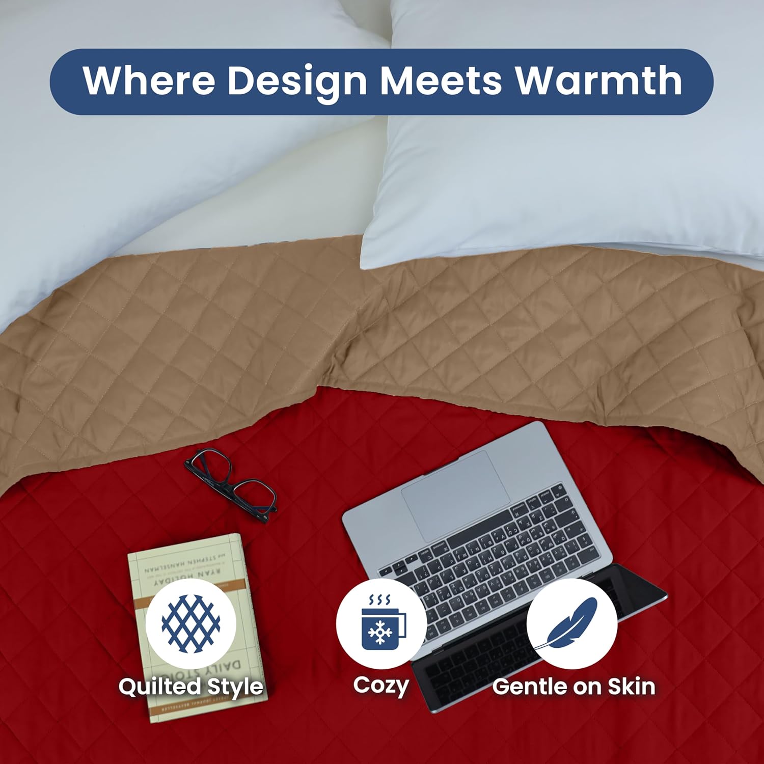 Martex Reversible Coverlet Full Queen Bedding KhakiRed