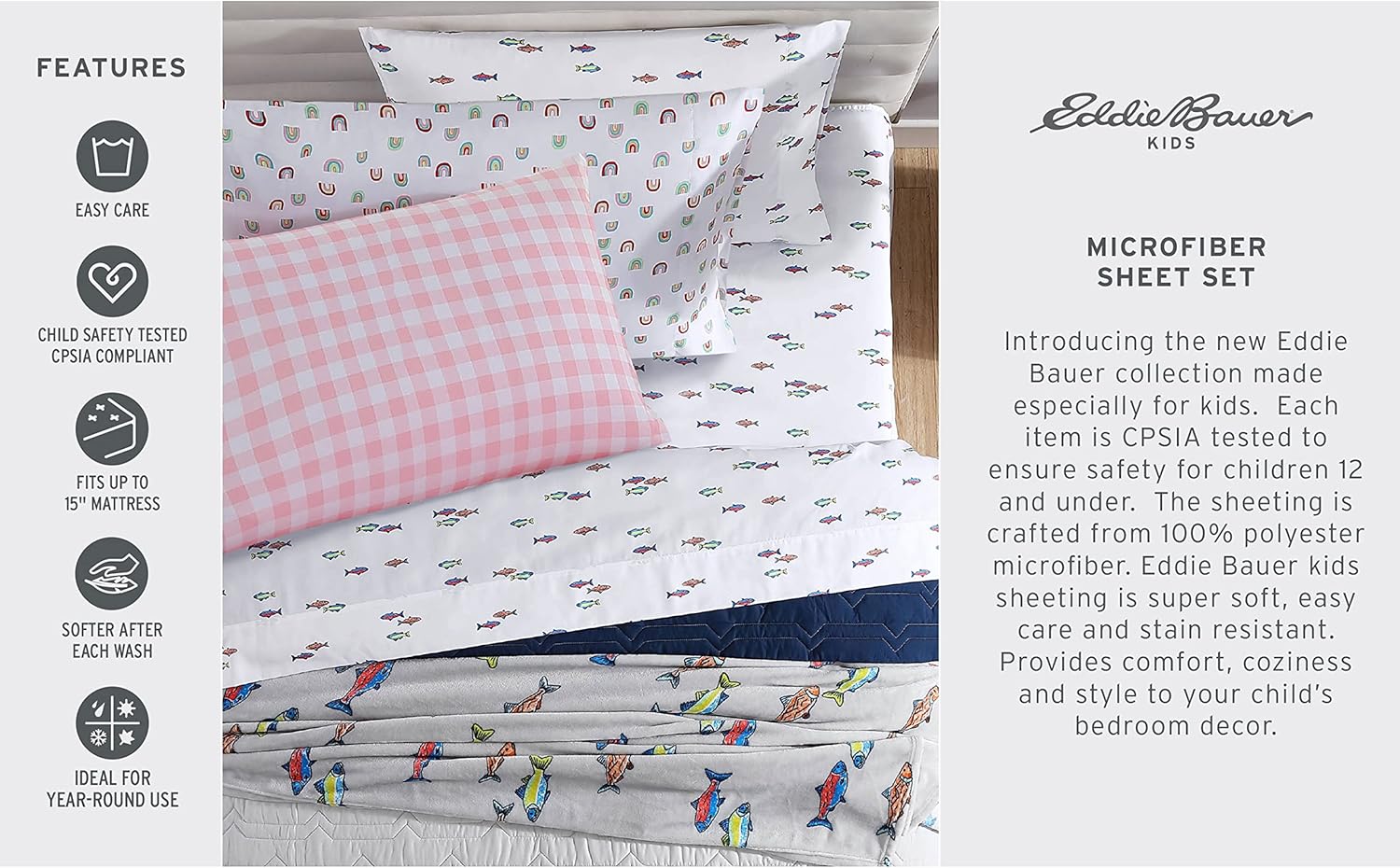 Eddie Bauer Kids Twin XL Sheet Set - Stain Resistant and Safe