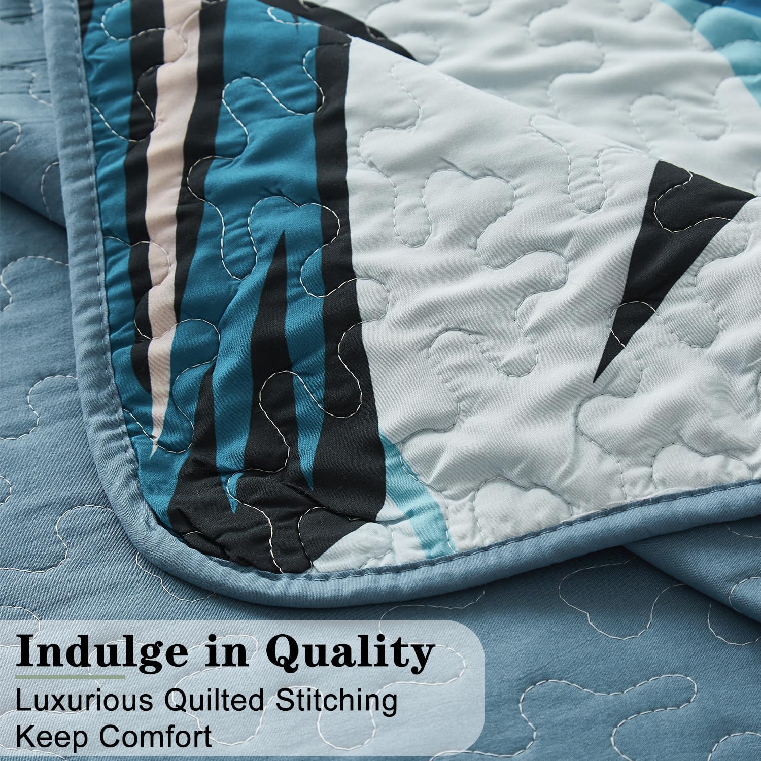 Yogeneg Light Blue Botanical King Quilt Set 3 Piece