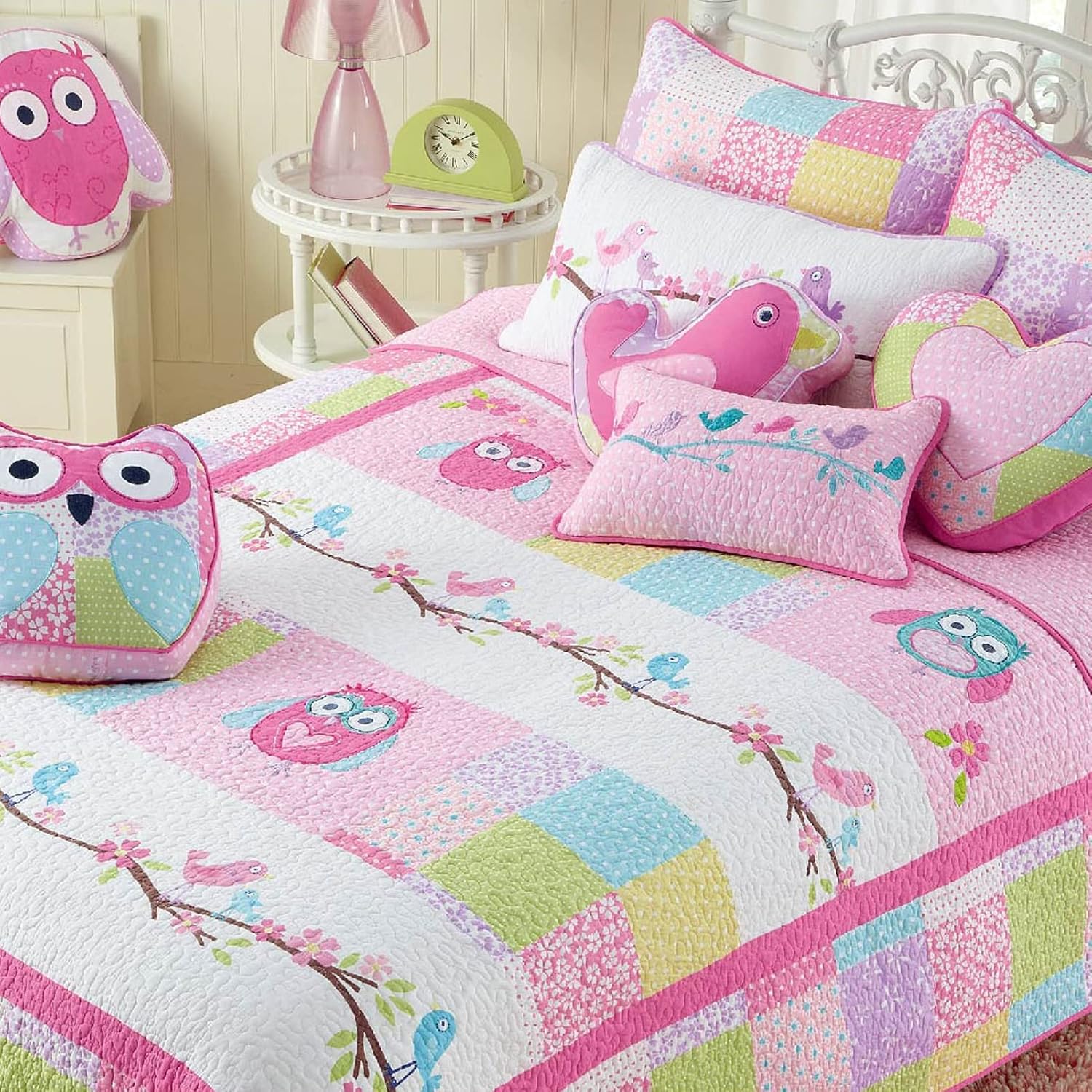 Cozy Line Pink Owl Quilt Bedding Set Queen 3 Piece
