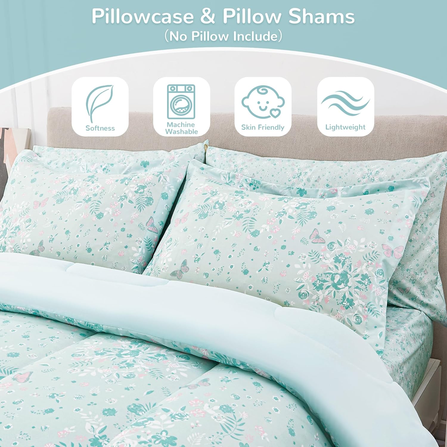 Viviland Twin Butterfly Comforter Set - Pale Green Kids Bedding 5 Piece Set
