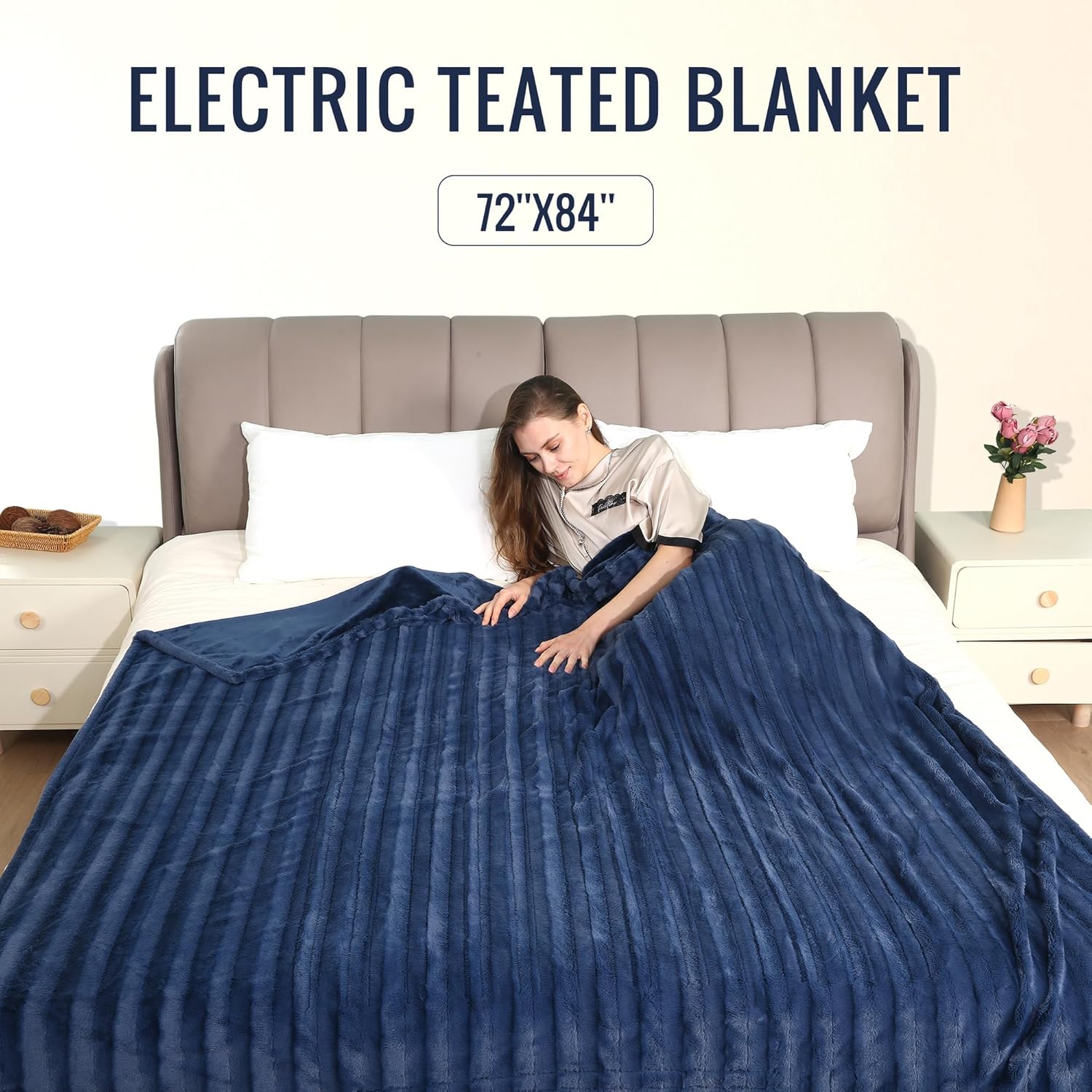 YAKEE Electric Heated Blanket 72x84 Navy Faux Fur 1