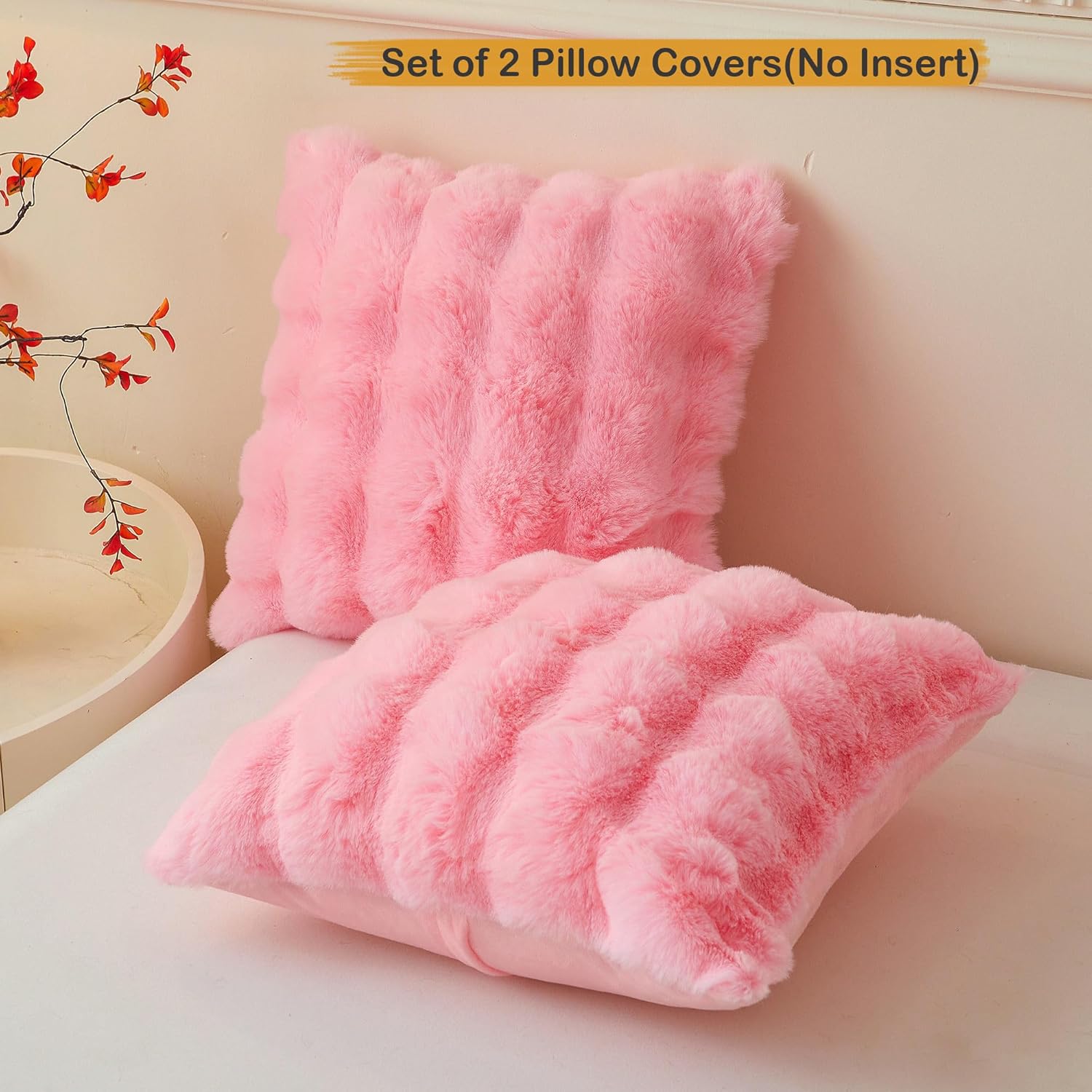 LIFEREVO Fluffy Faux Rabbit Fur Pillow Covers Pink 18x18