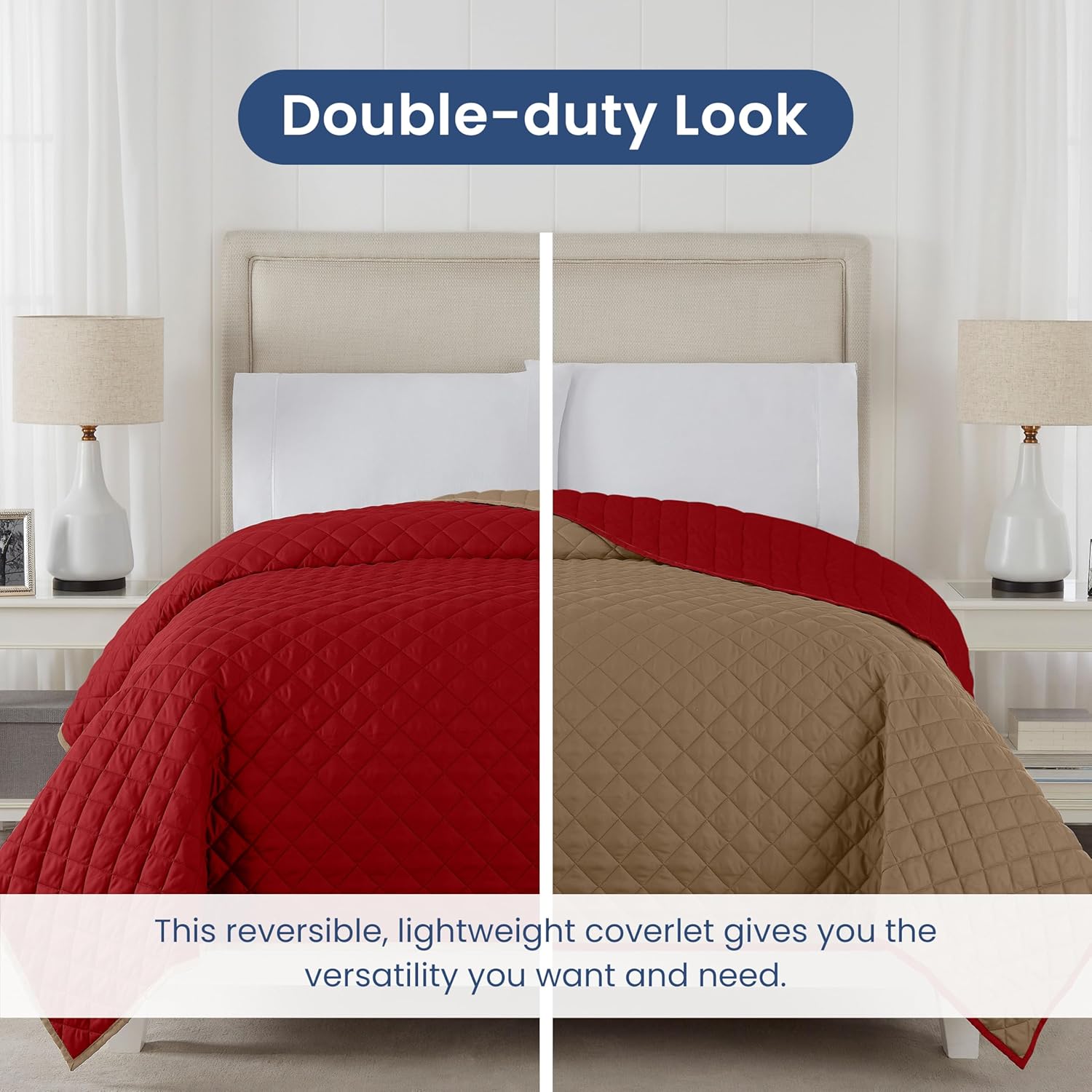 Martex Reversible Coverlet Full Queen Bedding KhakiRed