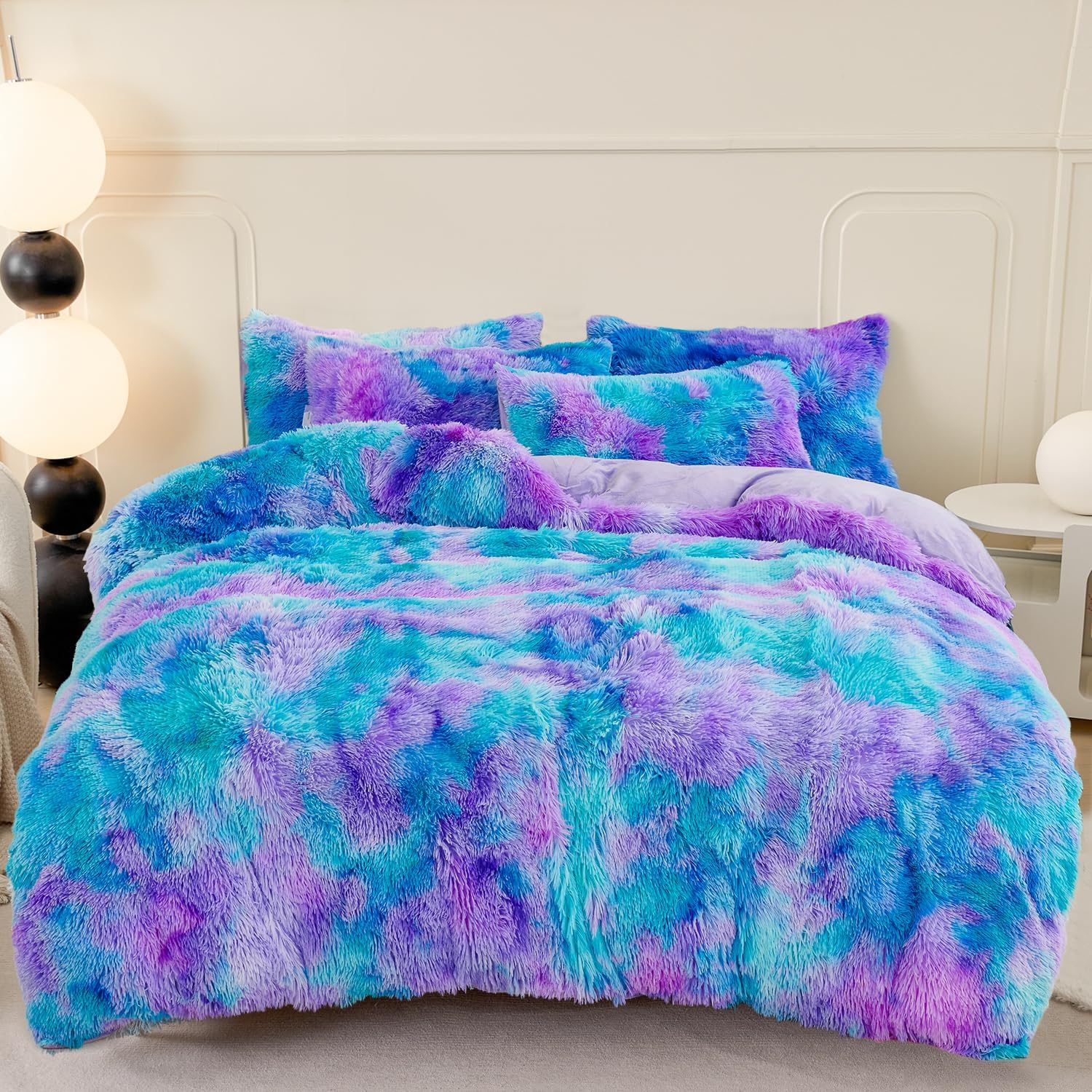 SUCSES Fluffy Twin Bedding Set 3Pcs Tie Dye Faux Fur Duvet Cover