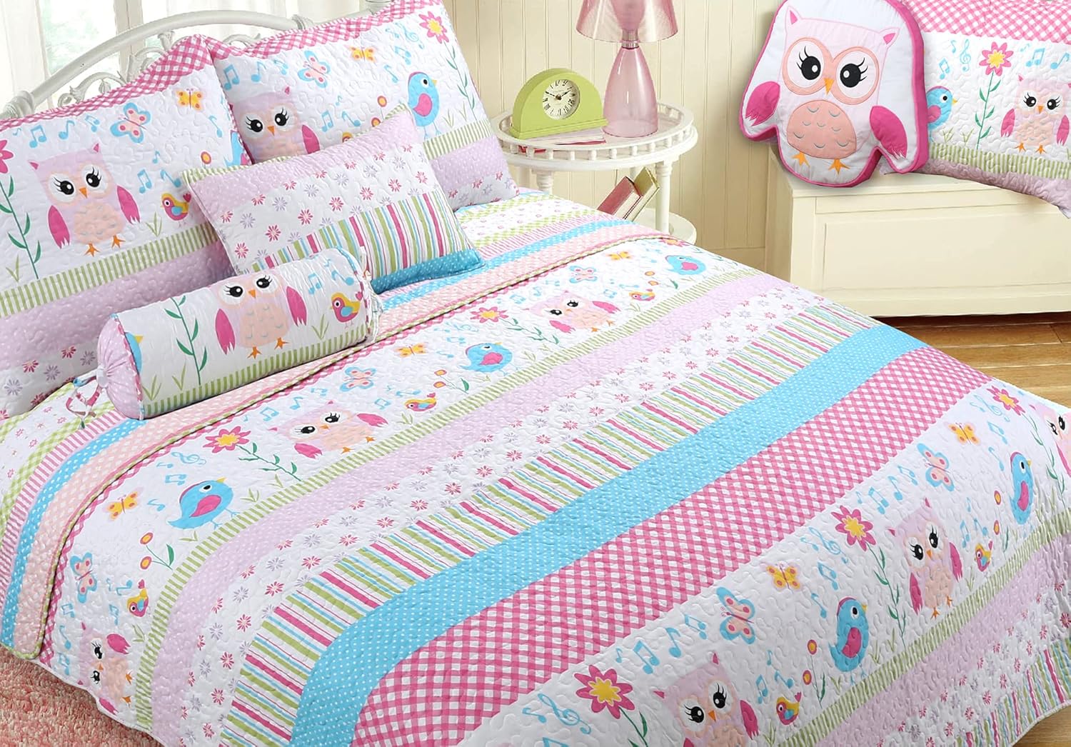 Happy Owl Pink Reversible Quilt Bedding Set Twin 2 Piece