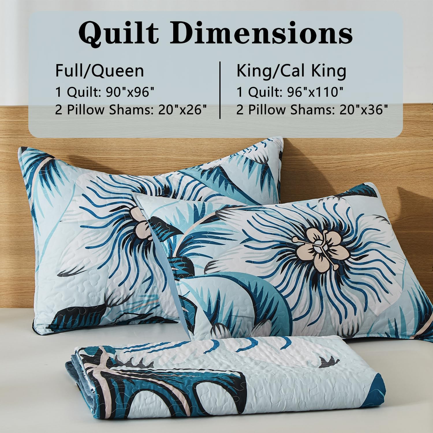 Yogeneg Light Blue Botanical King Quilt Set 3 Piece