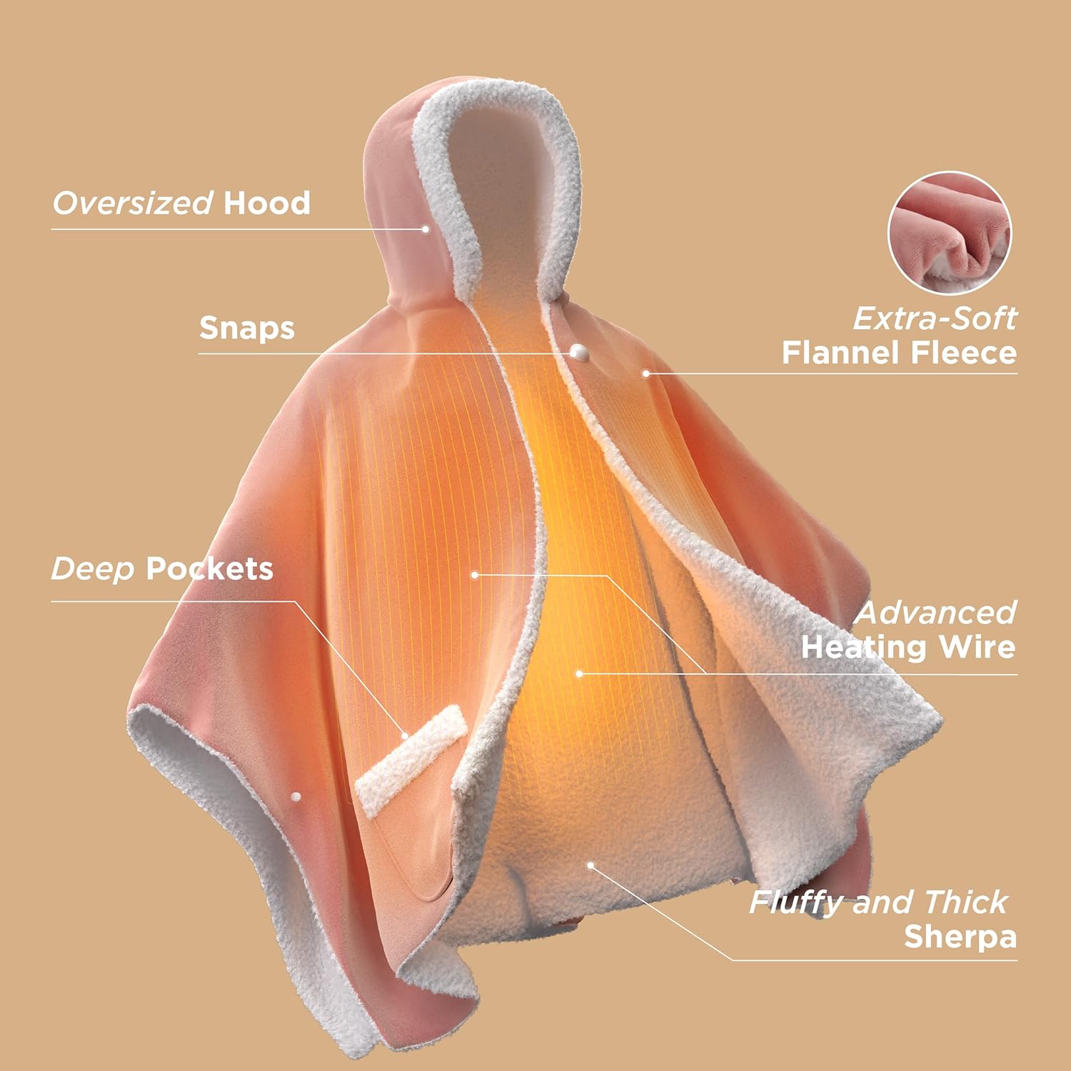 Bedsure Heated Shawl Hoodie - Pink 55x64 Inches