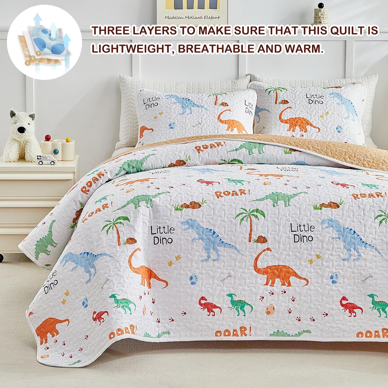 Joyreap 3-Piece Cotton Quilt Set with Dinosaurs Design