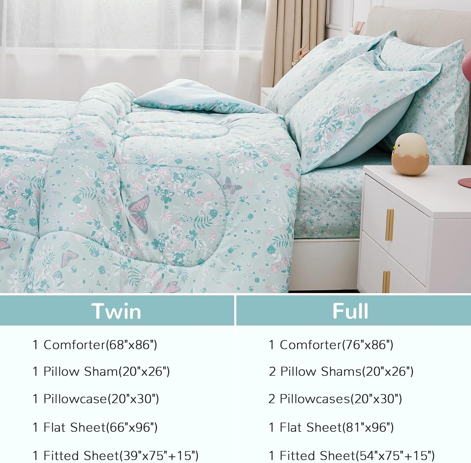Viviland Twin Butterfly Comforter Set - Pale Green Kids Bedding 5 Piece Set