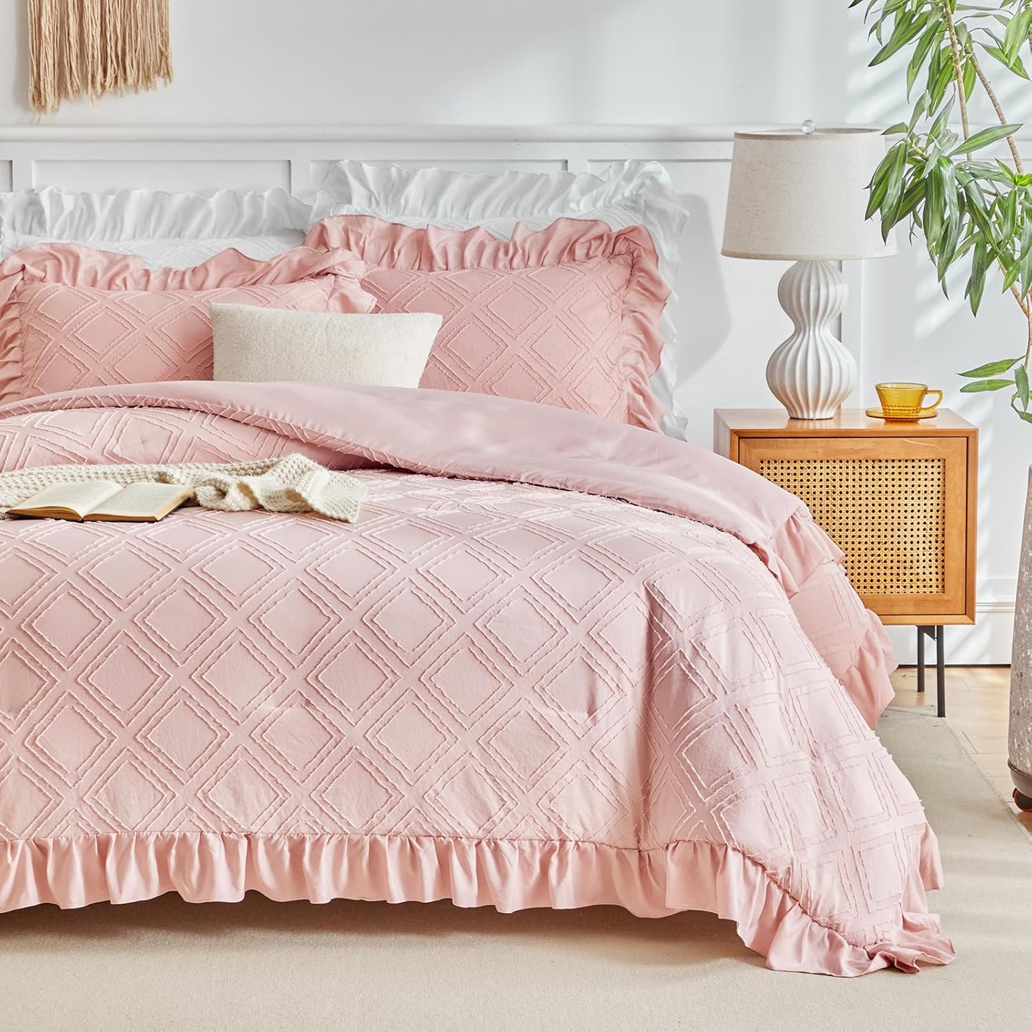 Flysheep Blush Pink Tufted Ruffle Comforter Set Twin Size