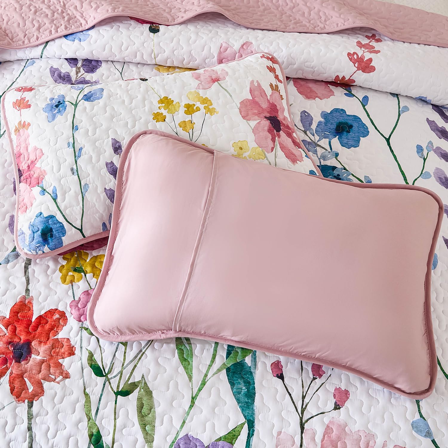 Anibedding King Size Quilt Set with Reversible Pink Floral Coverlet