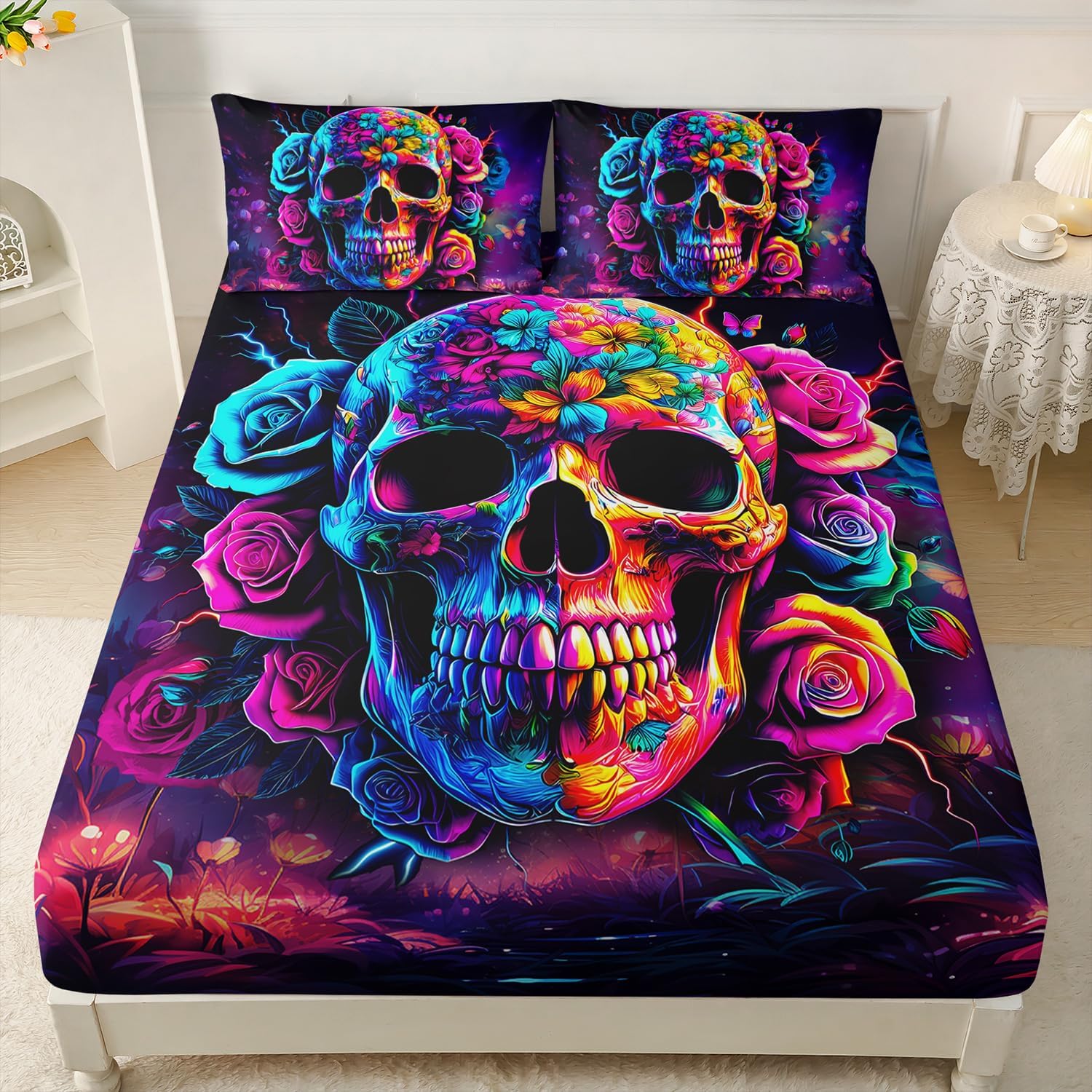 AILONEN Skull Print Fitted Sheet Set Twin XL