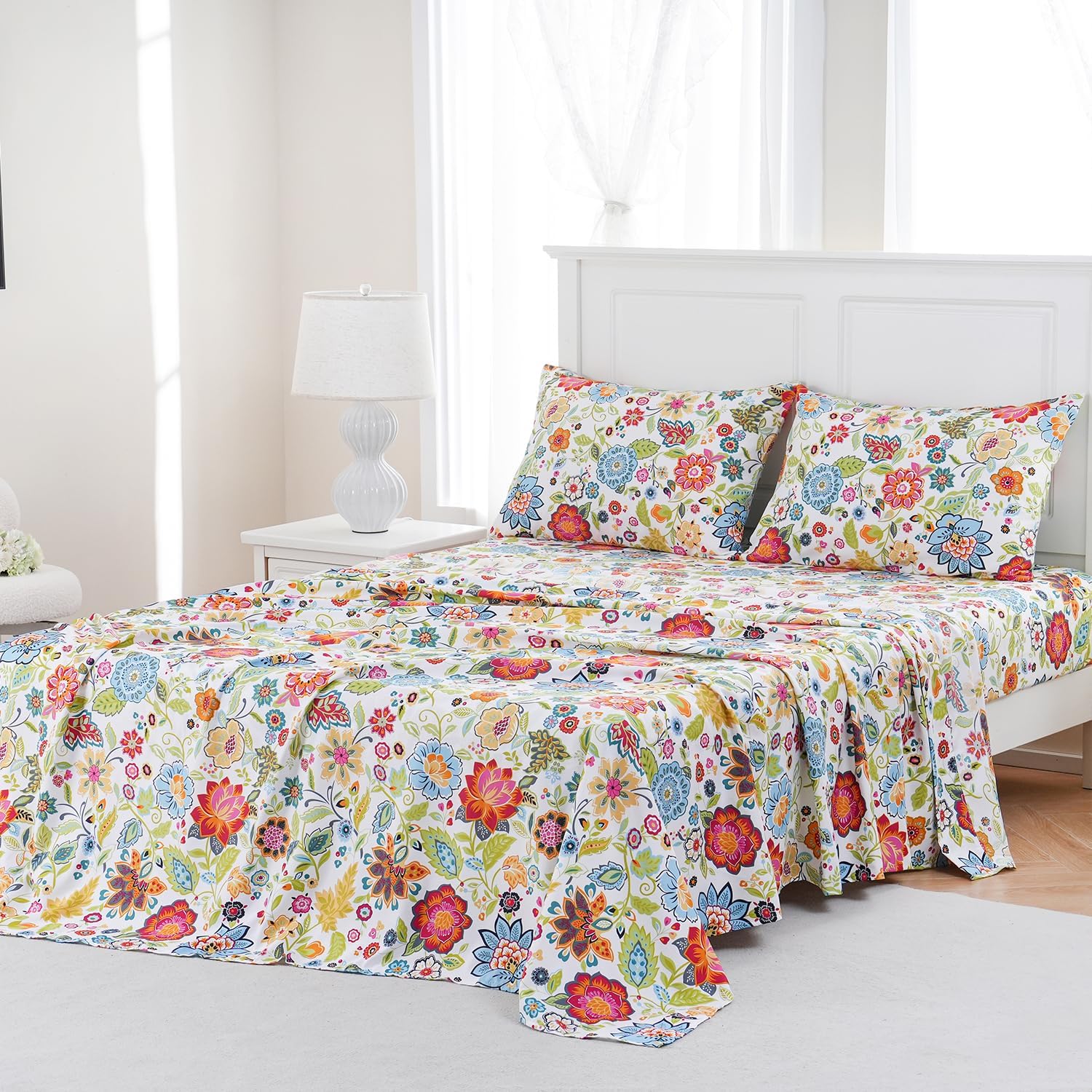 MEISHANG Queen Sheet Set - Floral Deep Pocket Ultra Soft Microfiber