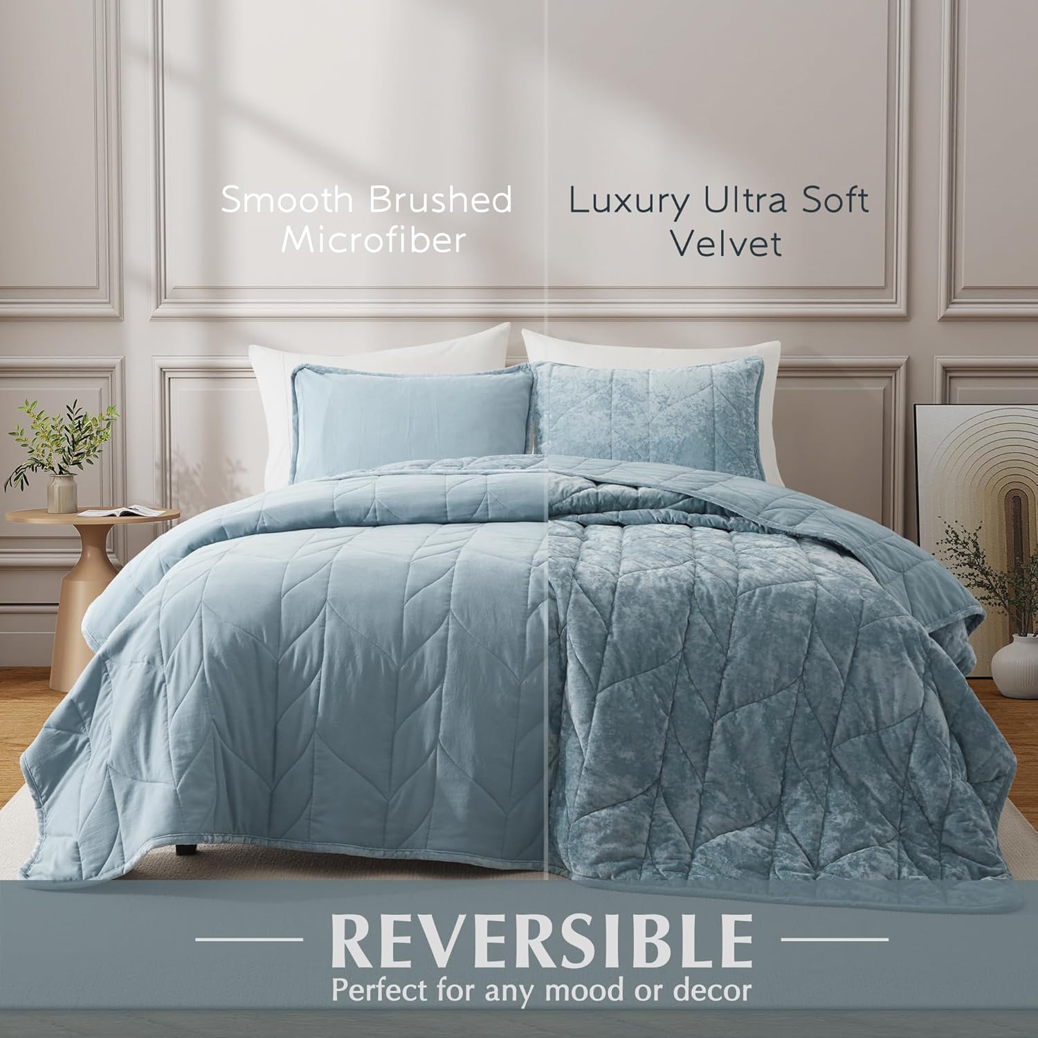 Oli Anderson Velvet Quilt Set Queen Size - Ash Blue 3PCS