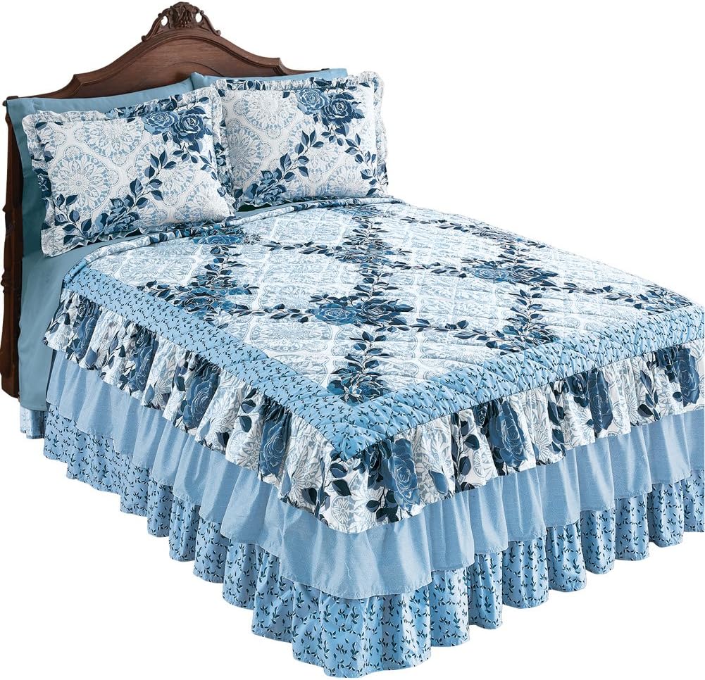 Collections Etc Tiered Ruffled Navy Rose Floral Bedspread for Full Bed