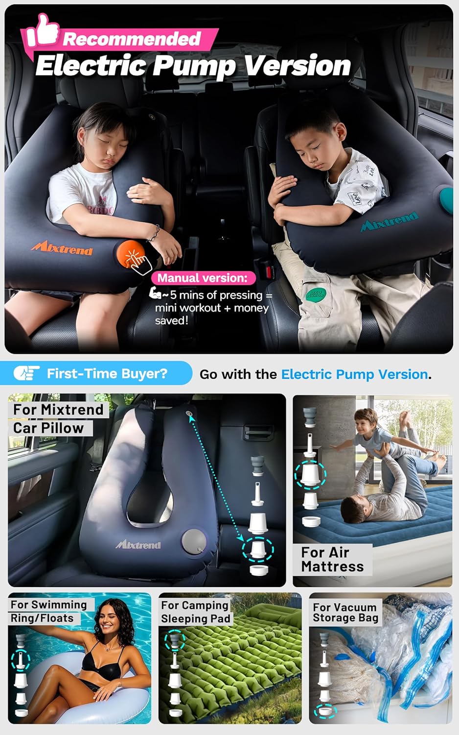 Mixtrend Travel Pillow Inflatable for Kids Adults Neck Head Support